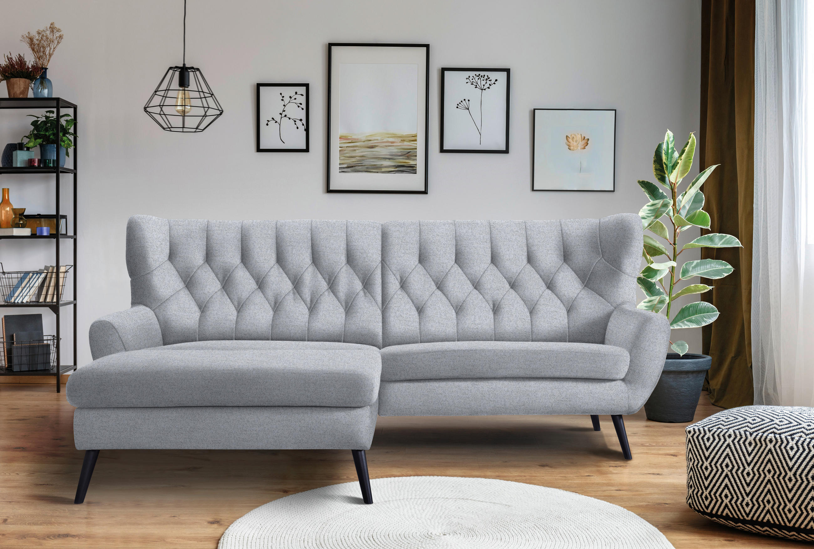 ECKSOFA in Flachgewebe Hellgrau  - Hellgrau/Schwarz, Design, Holz/Textil (165/237cm) - Stylife