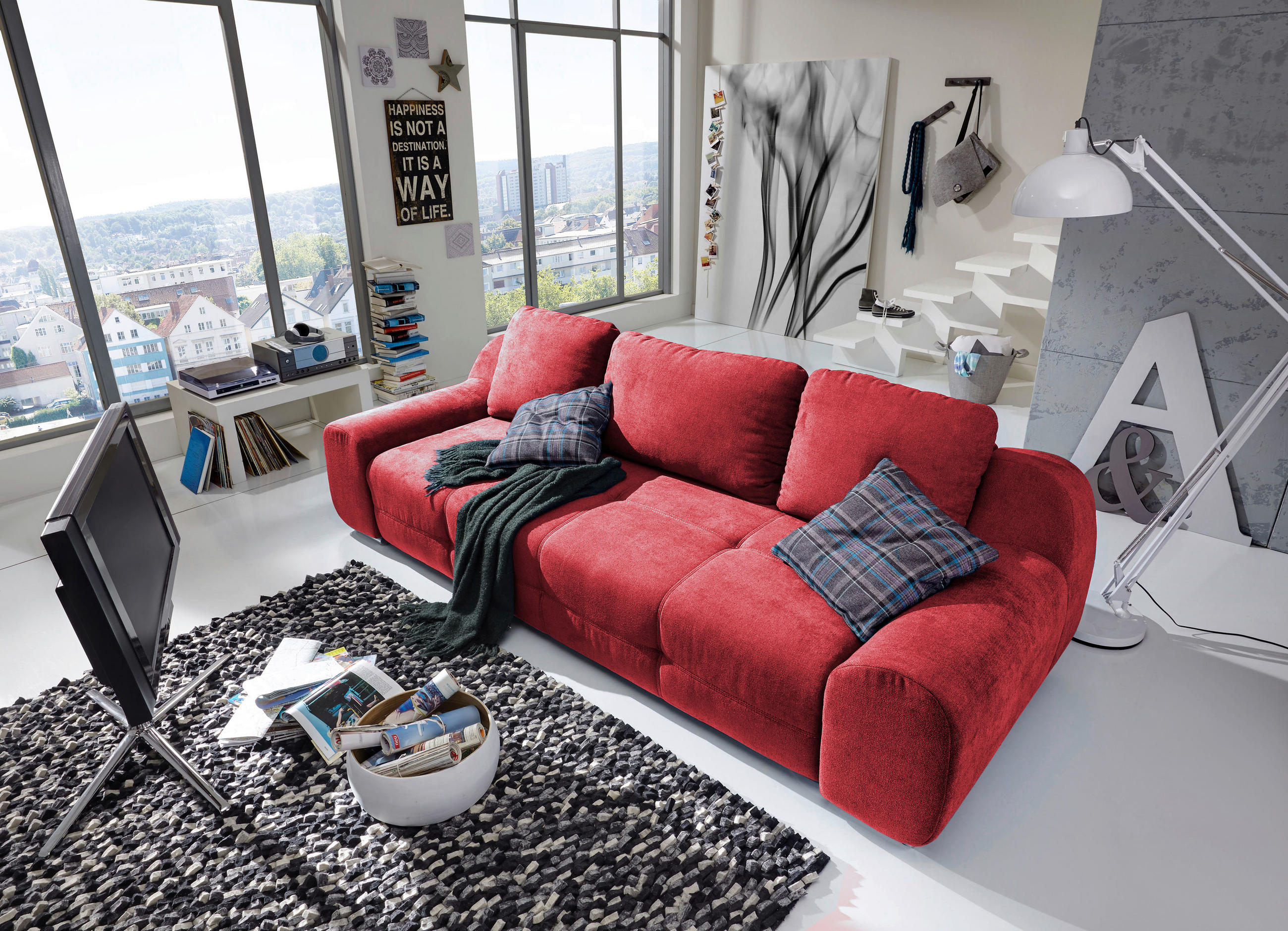 BIGSOFA in Flachgewebe Bordeaux  - Bordeaux/Beige, Basics, Textil/Metall (262/88/108cm) - Sit & More