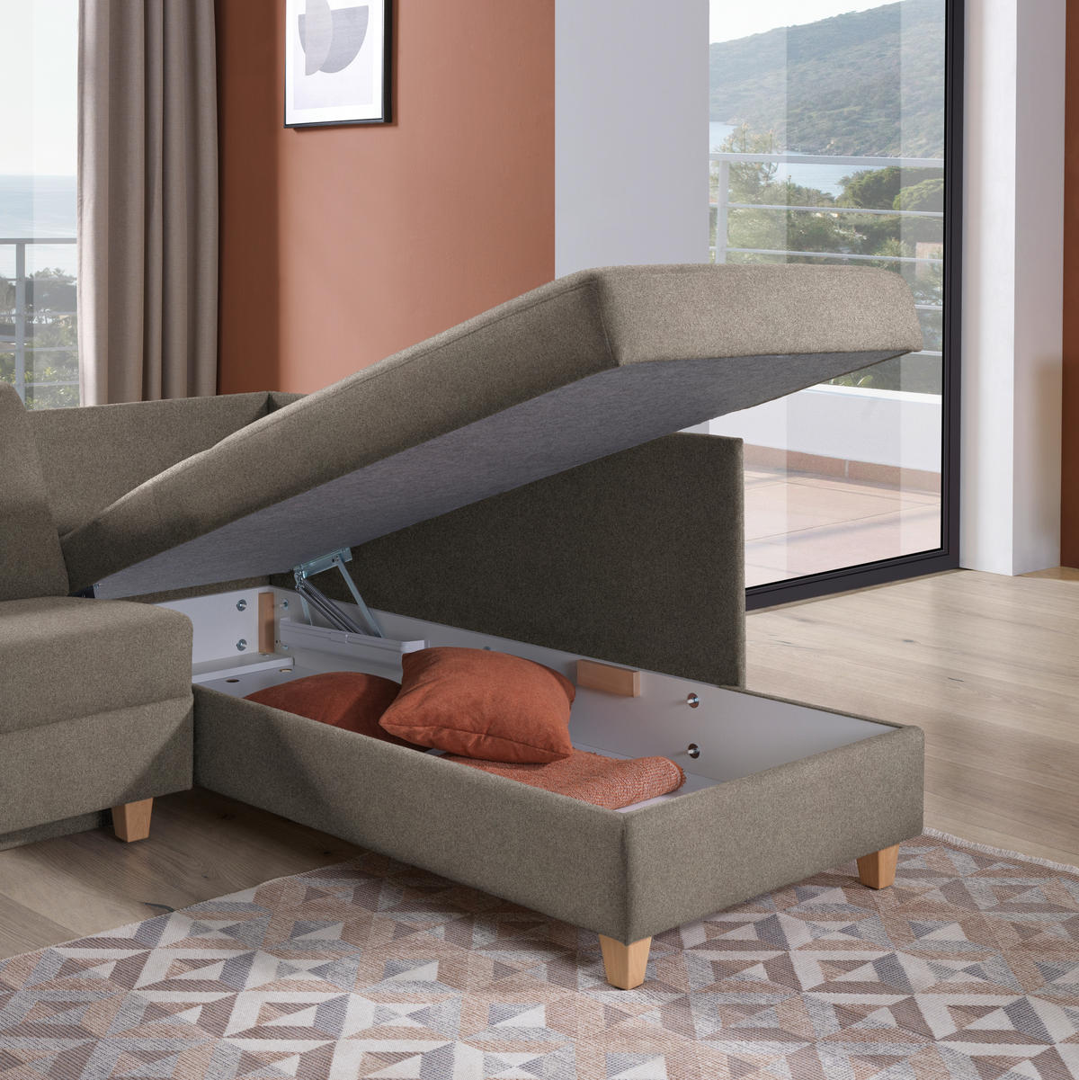 ECKSOFA in Flachgewebe Taupe  261/203 cm  - Taupe/Eichefarben, KONVENTIONELL, Holz/Textil (261/203cm) - Sedda