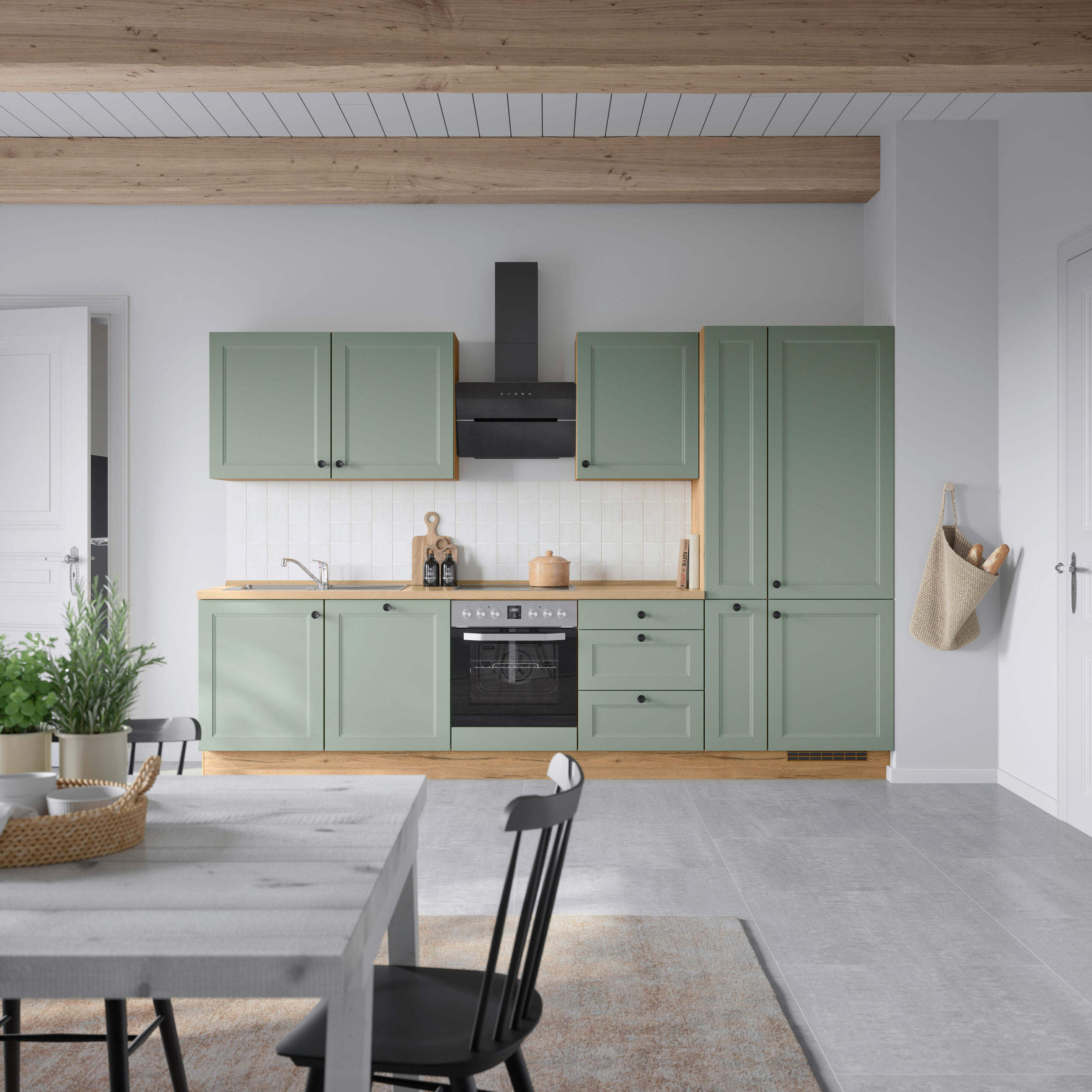 KÜCHENBLOCK 330 cm   in Eichefarben, Schilfgrün  - Schilfgrün/Eichefarben, MODERN, Holzwerkstoff/Metall (330cm) - Nobilia