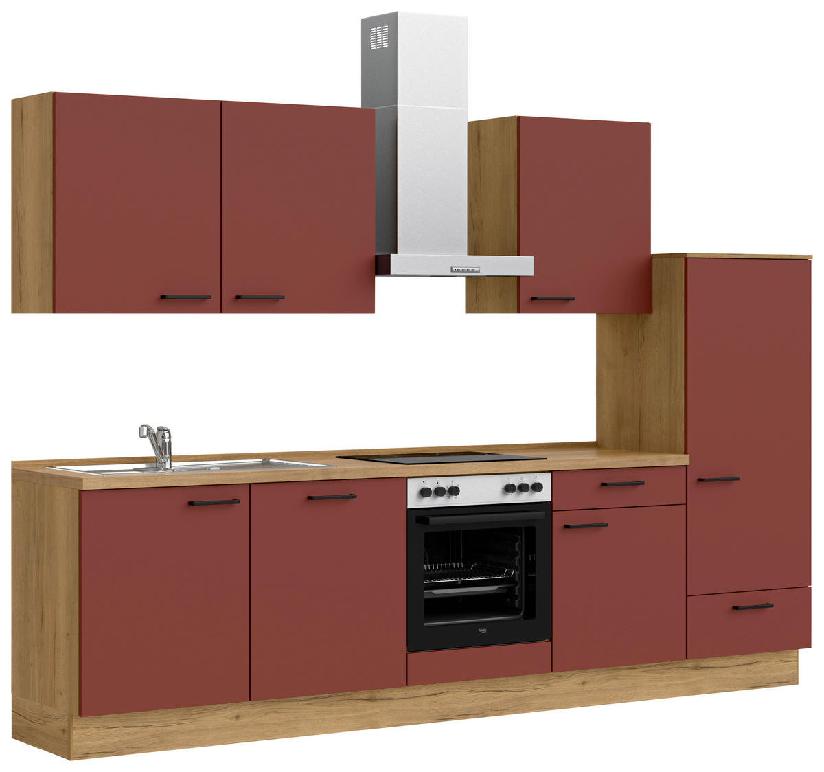 KÜCHENBLOCK 300 cm   in Eichefarben, Dunkelrot  - Eichefarben/Schwarz, MODERN, Holzwerkstoff/Metall (300cm) - Nobilia