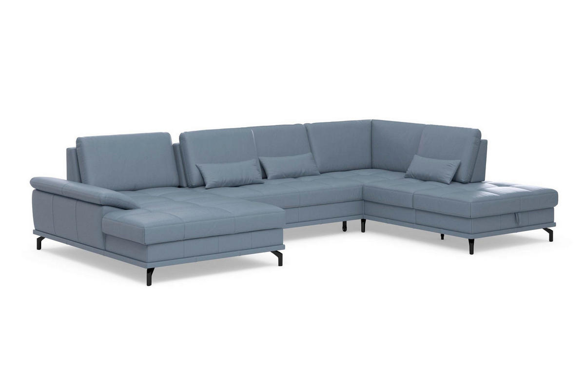 WOHNLANDSCHAFT COSTELLO E Graublau Kombination Echtleder/Stoff Mikrofaser  - Graublau/Schwarz, Basics, Leder/Textil (176/363/223cm) - Sit & More