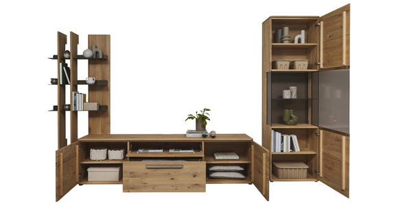 WOHNWAND  in Wildeiche  333,6/207/45,2 cm  - Wildeiche/Schwarz, Natur, Glas/Holz (333,6/207/45,2cm) - Valnatura