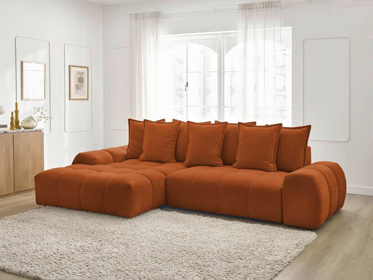 ECKSCHLAFSOFA EVEREST  mit Rücken echt, Armteil links, Armteil rechts Struktur Orange  - Schwarz/Orange, MODERN, Kunststoff/Textil (180/318cm) - Livetastic