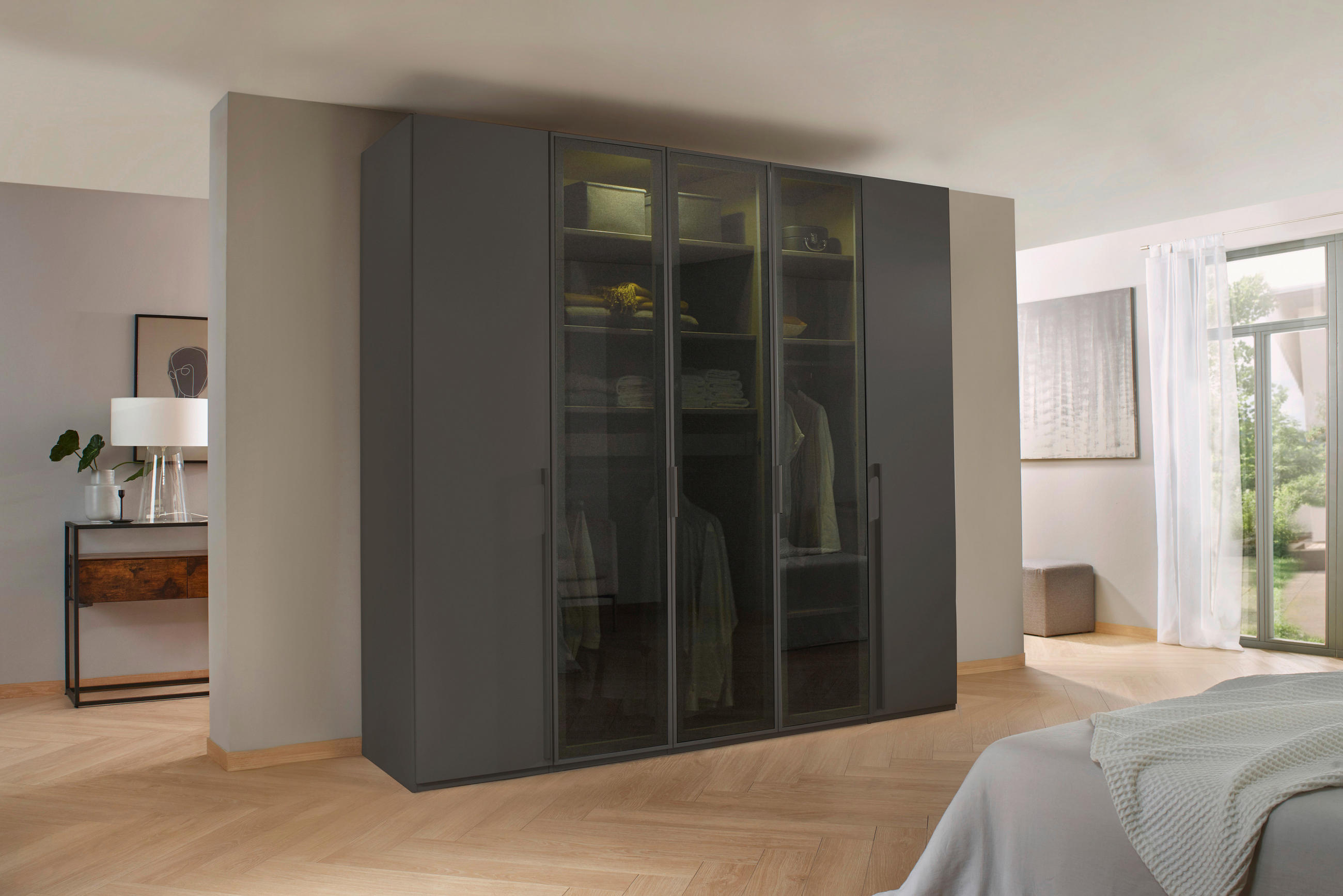 DREHTÜRENSCHRANK in Graphitfarben  - Graphitfarben, Trend, Glas/Holzwerkstoff (251/223/60cm) - Novel