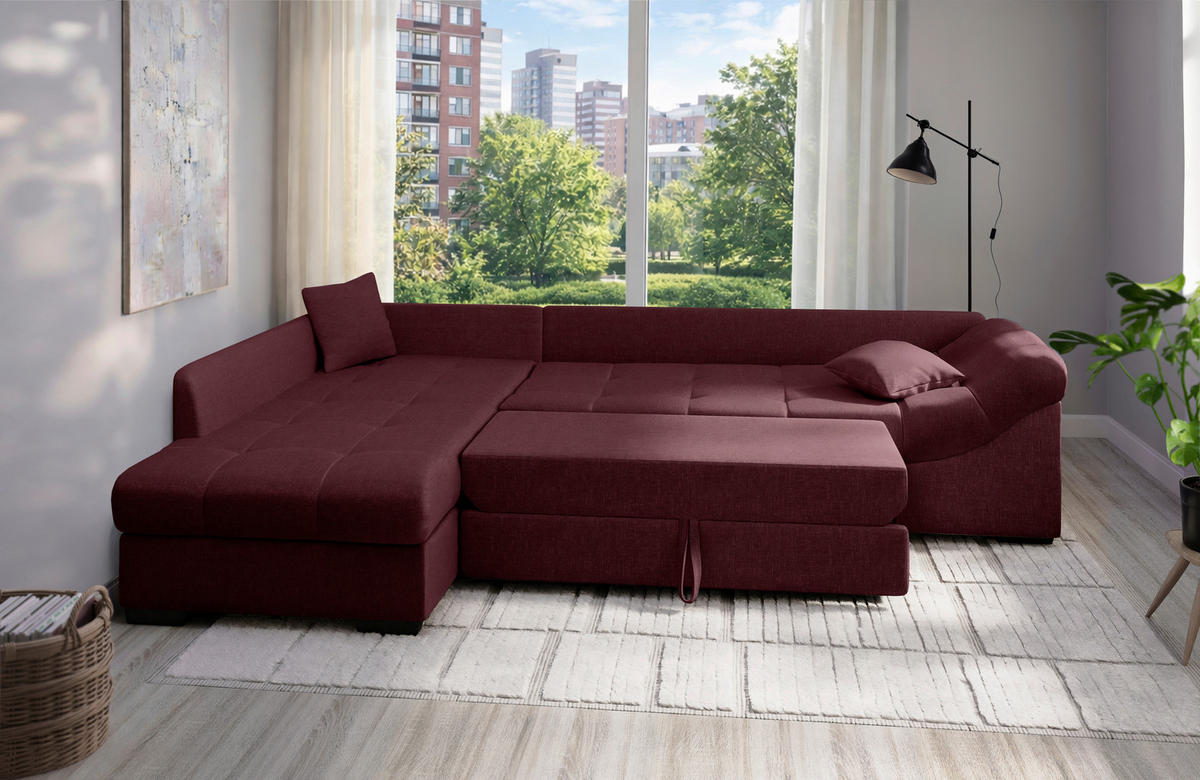 ECKSCHLAFSOFA Alvito in Mikrofaser Bordeaux  - Bordeaux/Schwarz, MODERN, Holz/Textil (202/298cm) - MID.YOU