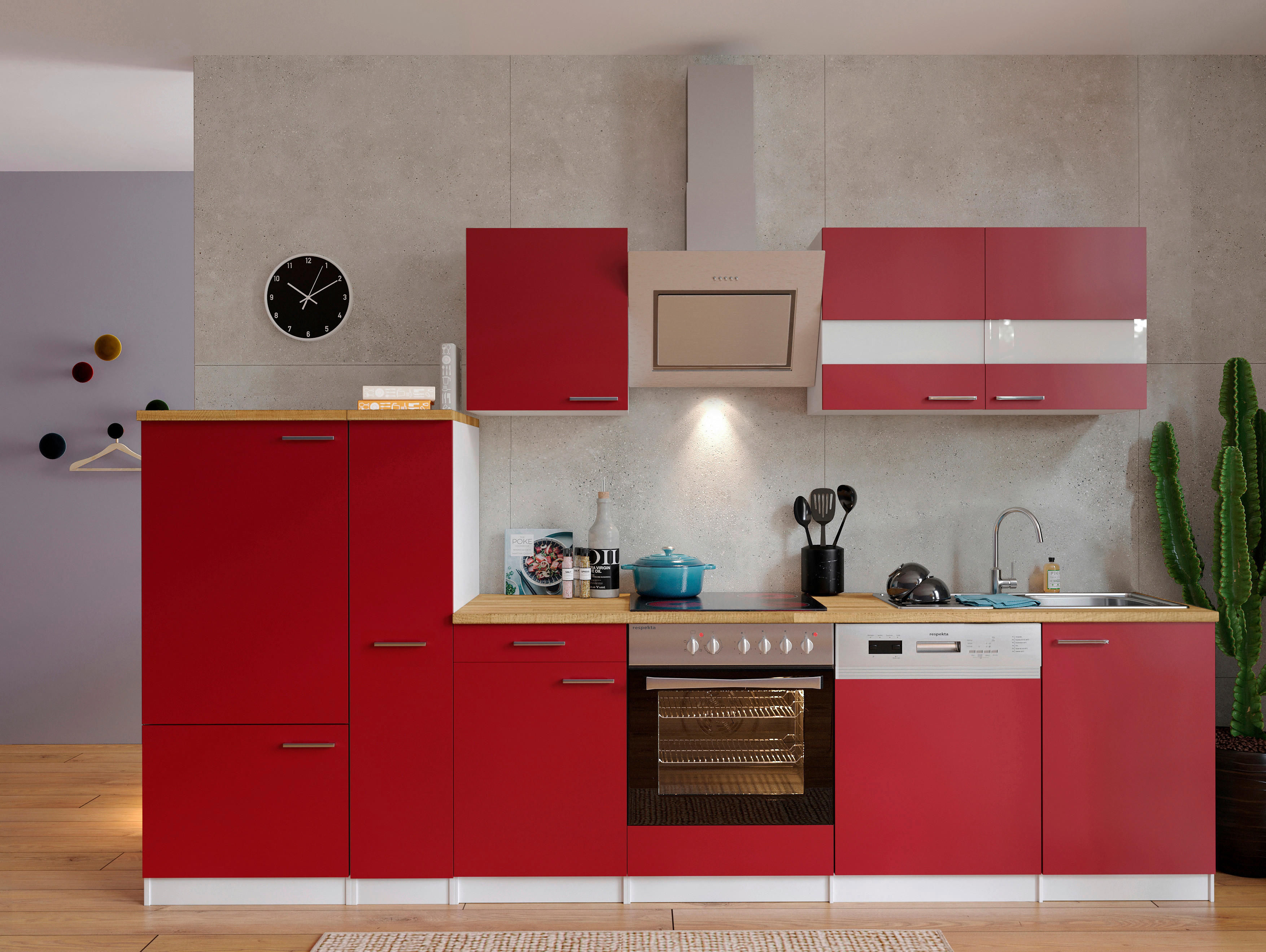 Küchenzeile Economy m. Geräten 310 cm   in Rot  - Edelstahlfarben/Rot, Basics, Metall (310cm) - Respekta
