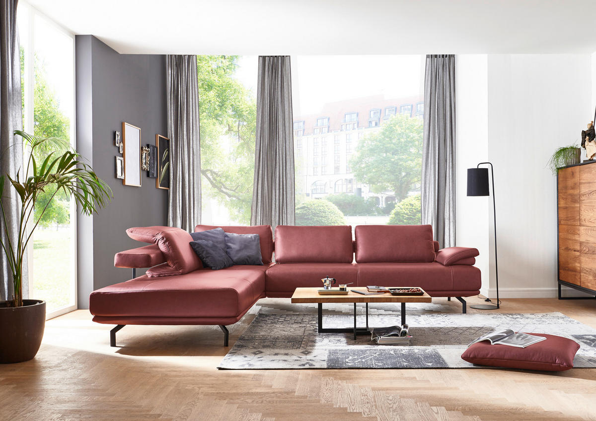 ECKSOFA in Echtleder Weinrot  - Anthrazit/Weinrot, Design, Leder/Metall (255/325cm) - Dieter Knoll