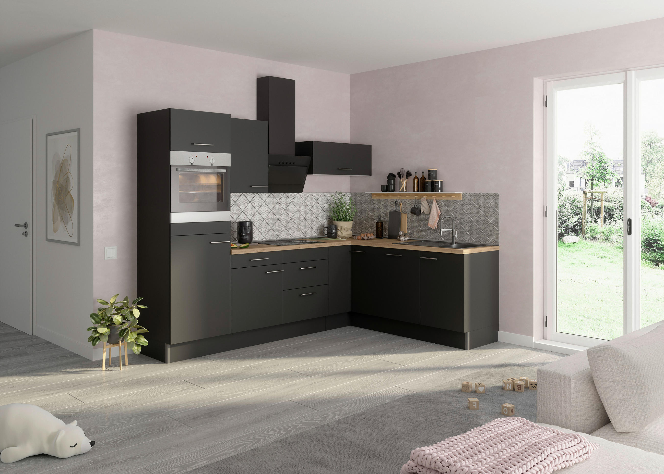 ECKKÜCHE 270/200 cm in Anthrazit - Edelstahlfarben/Eichefarben, Basics, Holzwerkstoff/Metall (270/200cm) - Optifit