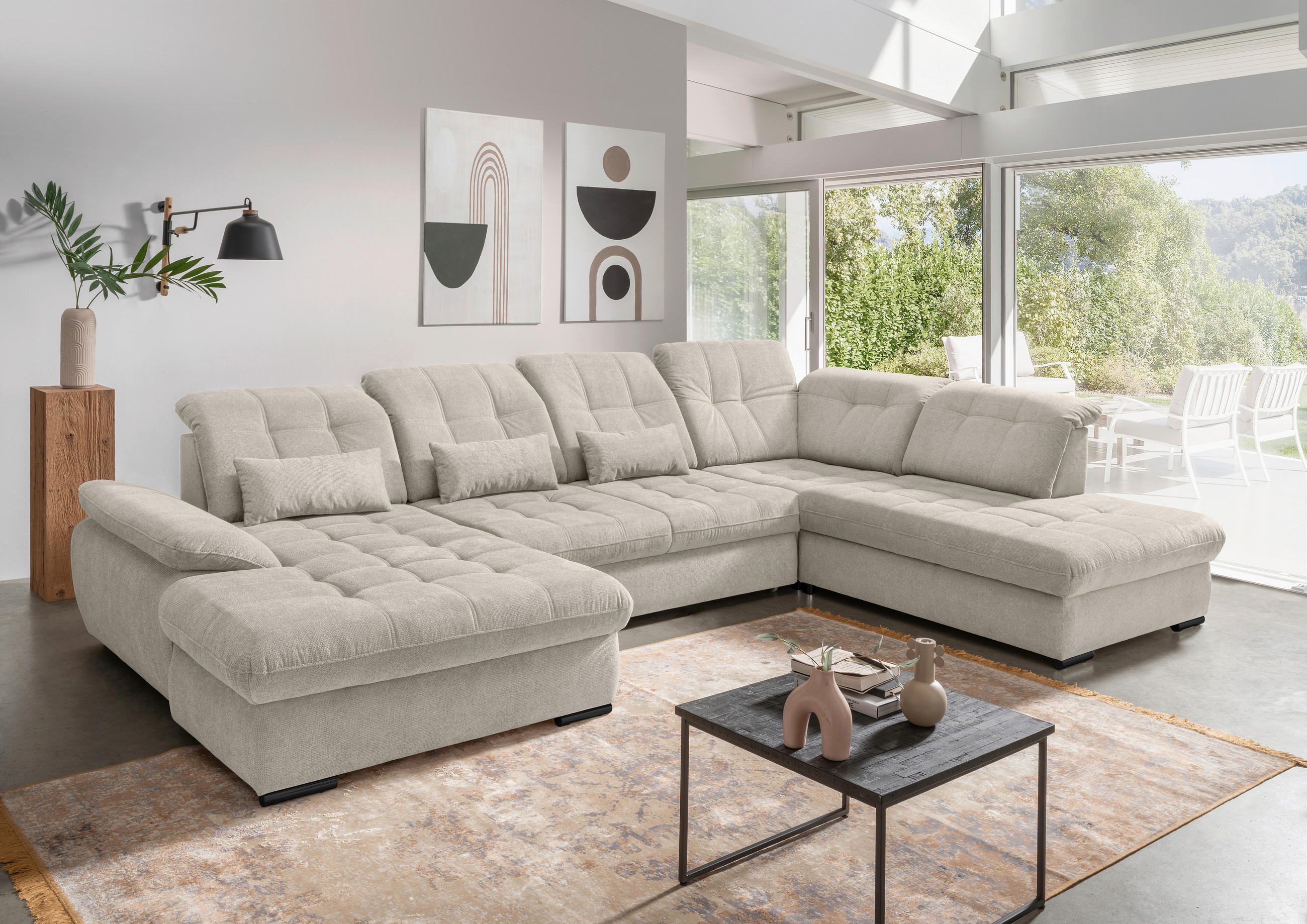 WOHNLANDSCHAFT in Chenille Beige - Beige/Schwarz, Modern, Textil/Metall (184/387/252cm) - Livetastic