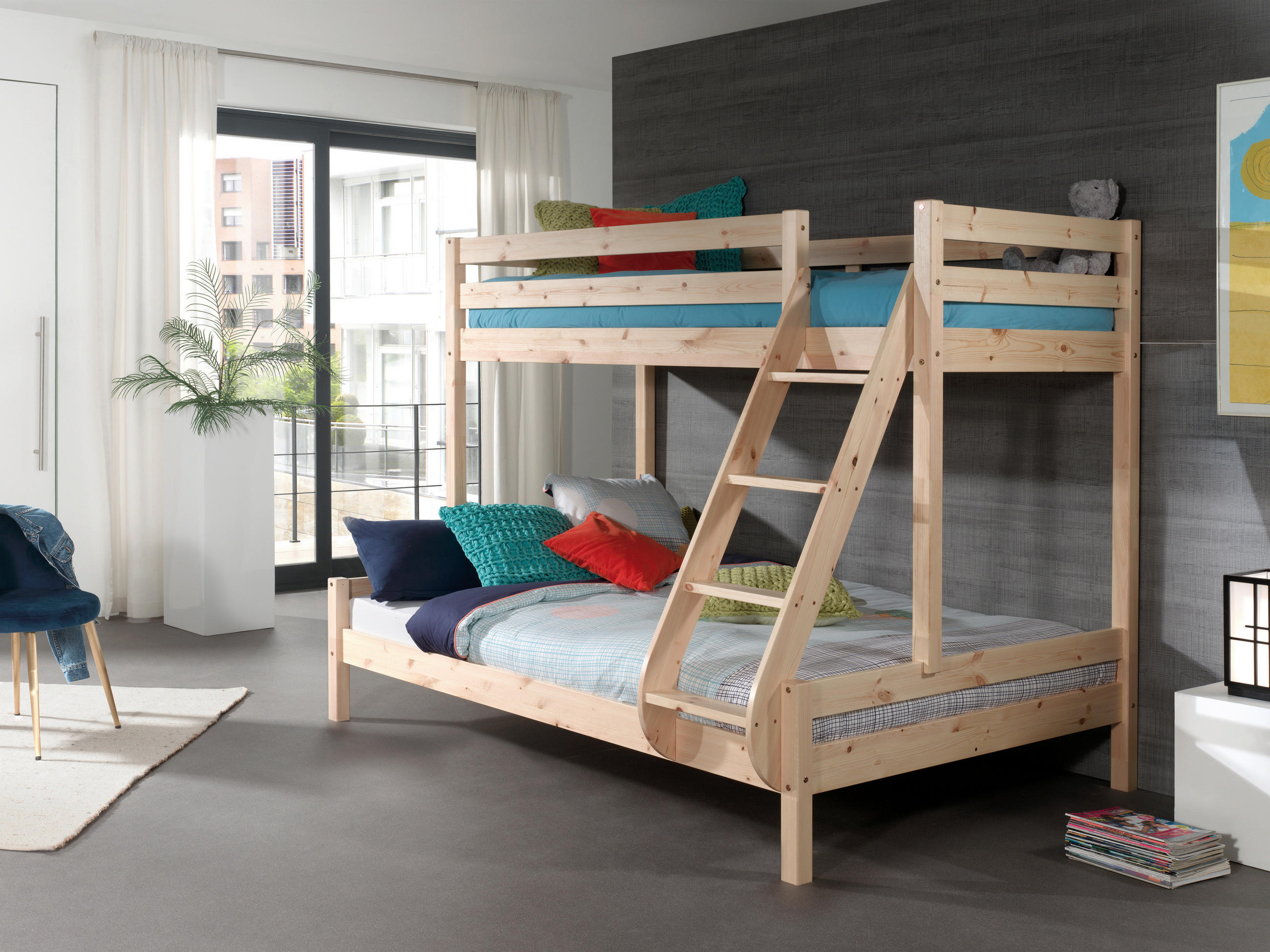 ETAGENBETT 90/140/200 cm,  in Naturfarben, Kieferfarben, Absturzsicherung, Leiter, Rollroste  - Naturfarben/Kieferfarben, MODERN, Holz (90/140/200cm) - Vipack