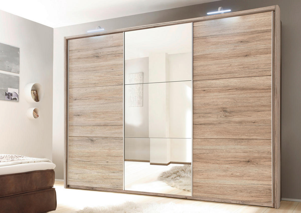 OMARA Z DRSNIMI VRATI, barve hrasta  - barve hrasta/barve aluminija, Moderno, umetna masa/leseni material (280/215/62cm) - Venda