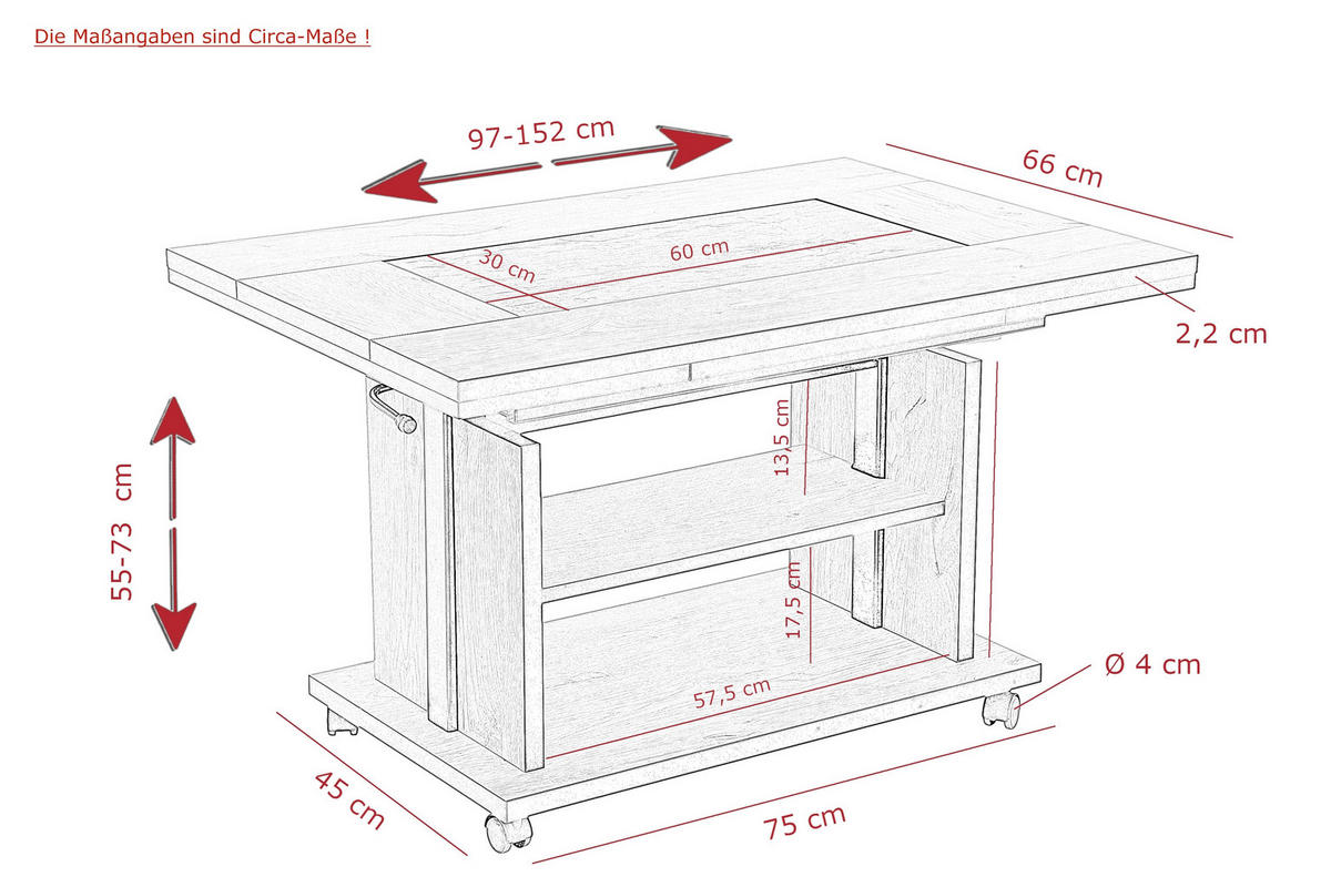 COUCHTISCH 66/97-152/55-73 cm rechteckig Anthrazit, Eiche Artisan  - Anthrazit/Eiche Artisan, Design, Holzwerkstoff/Stein (66/97-152/55-73cm) - Livetastic