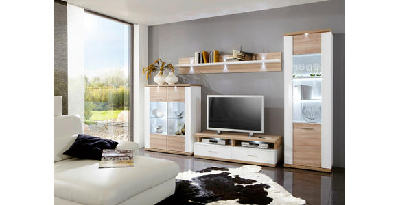 WOHNWAND 4-teilig  in Weiß, Eichefarben  330,3/206/50 cm  - Eichefarben/Schwarz, Design, Glas/Holzwerkstoff (330,3/206/50cm) - Xora