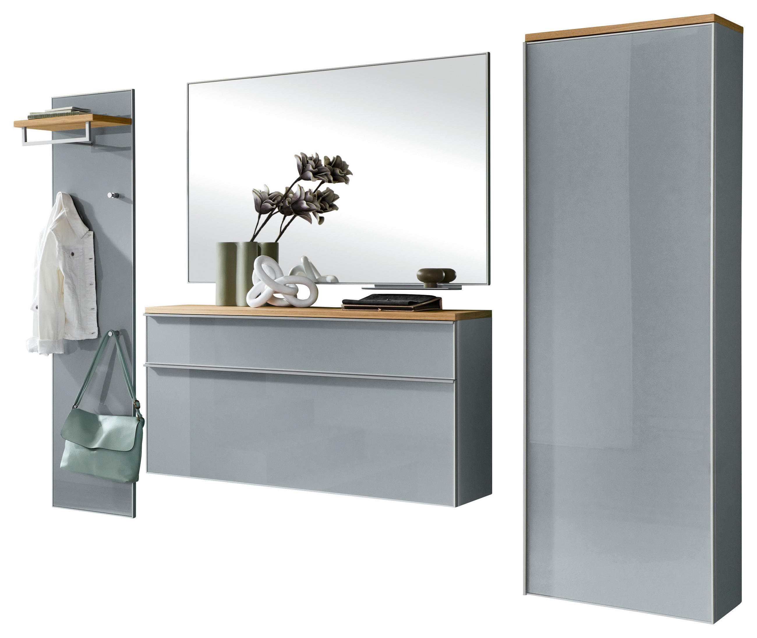 GARDEROBE 5-teilig in 255/195/31 cm - Grau, Design, Glas/Holz (255/195/31cm)