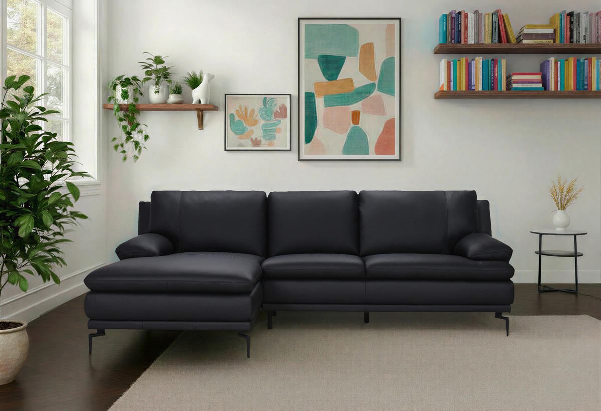 ECKSOFA Schwarz Echtleder  - Schwarz, Design, Leder (158/248cm) - MID.YOU