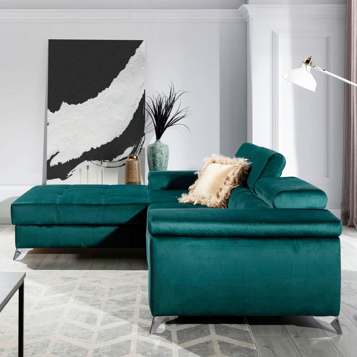 ECKSOFA in Samt Grün  205/281 cm  - Silberfarben/Grün, Design, Textil/Metall (205/281cm) - MID.YOU