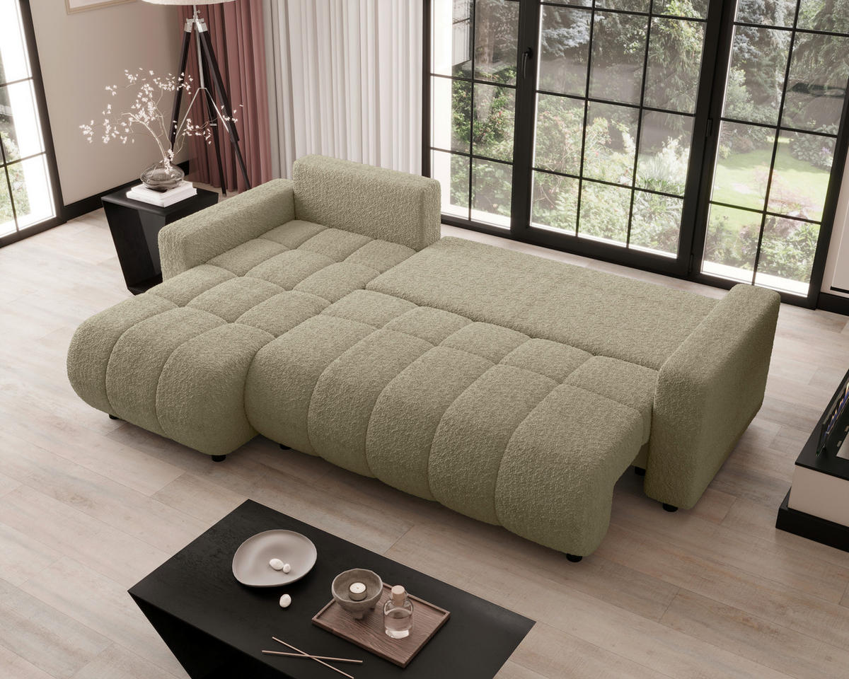 ECKSOFA Beige Bouclé Zierkissen, Rückenkissen, Bettkasten, Schlaffunktion, Rücken echt, Liegefläche im Originalstoff  - Beige/Schwarz, MODERN, Kunststoff/Textil (150/240cm) - Carryhome