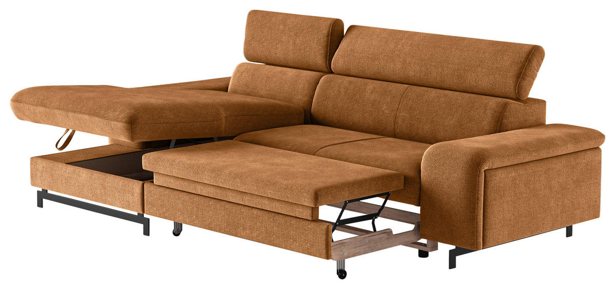 Ecksofa mit Bettkasten Emma in Chenille Cognac  - Cognac/Schwarz, Textil/Metall (165/267cm) - MID.YOU