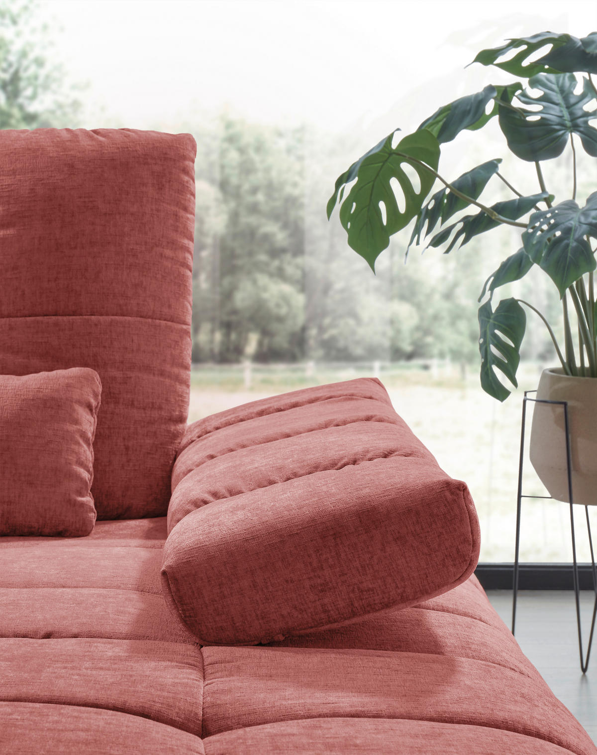 ECKSOFA Weinrot Flachgewebe Rücken echt, Sitztiefenverstellung  - Weinrot/Schwarz, KONVENTIONELL, Textil/Metall (273/211cm) - SetOne by Musterring