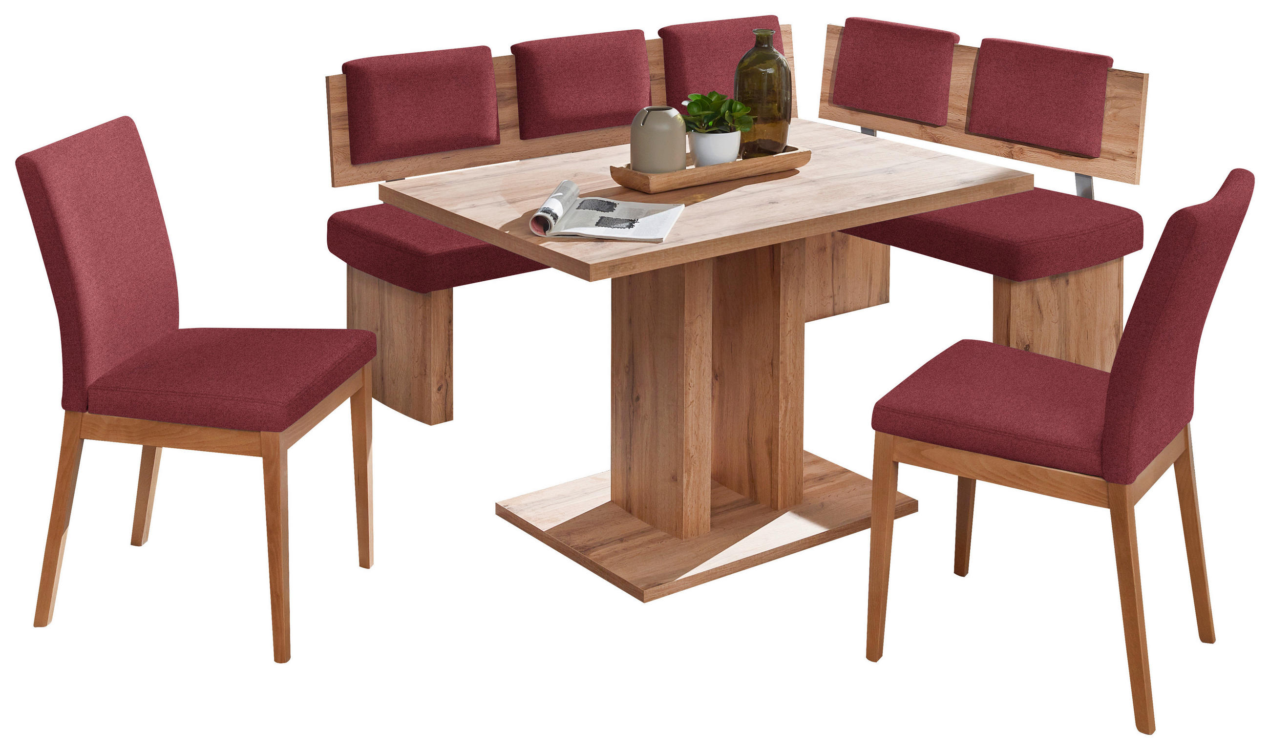 ECKBANKGRUPPE in Textil, Holzwerkstoff Rot, Eichefarben - Eichefarben/Rot, Konventionell, Holzwerkstoff/Textil - Cantus