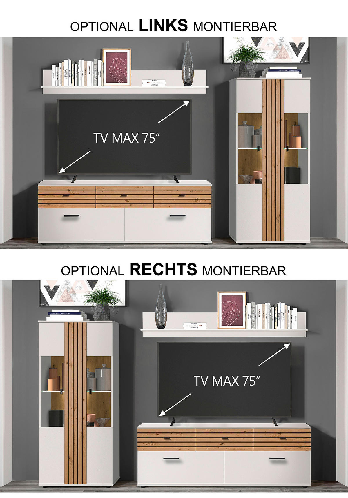 WOHNWAND 3-teilig  in Weiß, Eiche dunkel  254,6/175/38 cm  - Eiche dunkel/Schwarz, Design, Glas/Holzwerkstoff (254,6/175/38cm) - Livetastic