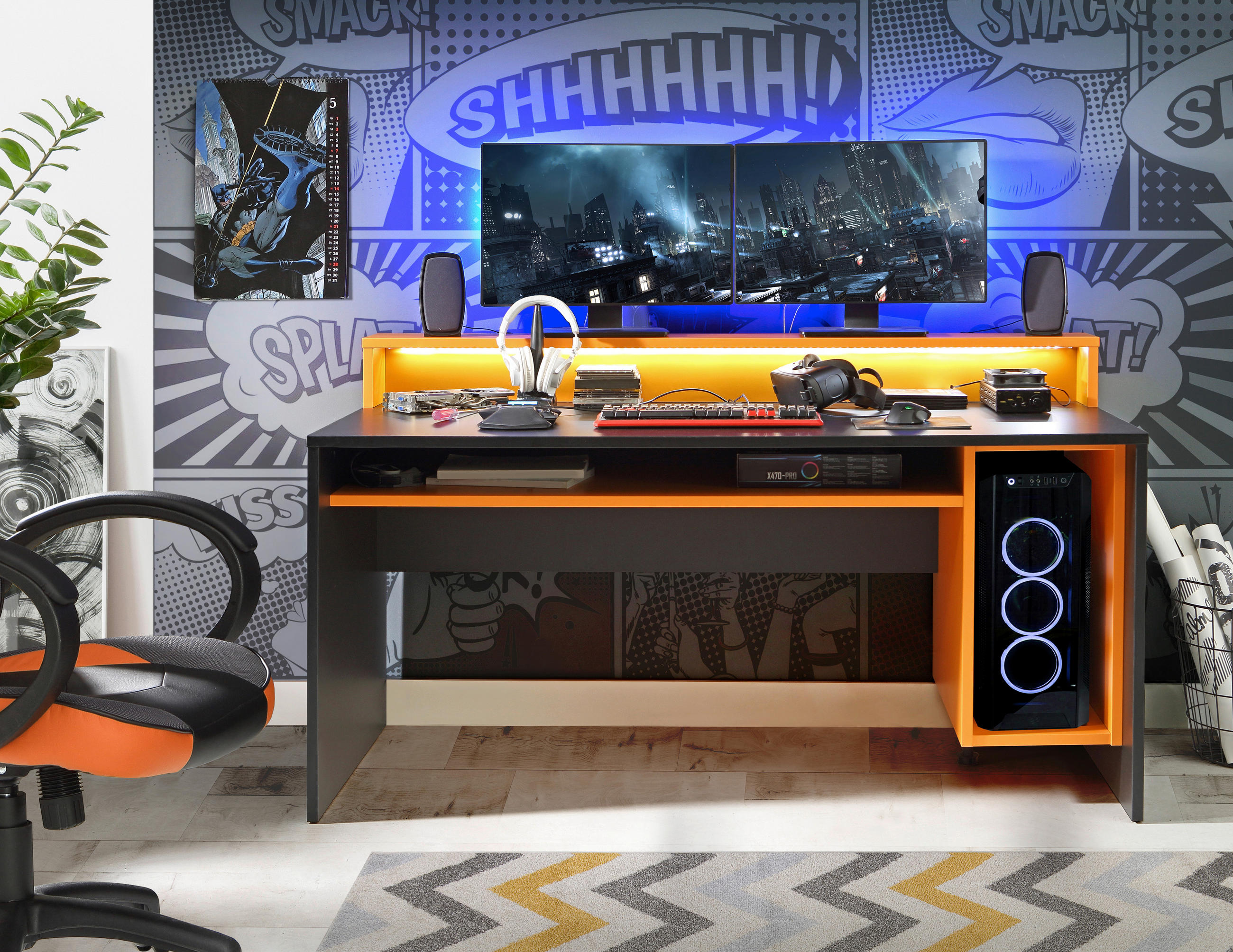 GAMINGTISCH Orange, Schwarz  - Schwarz/Orange, MODERN, Holzwerkstoff/Kunststoff (160/69/93,8cm) - MID.YOU
