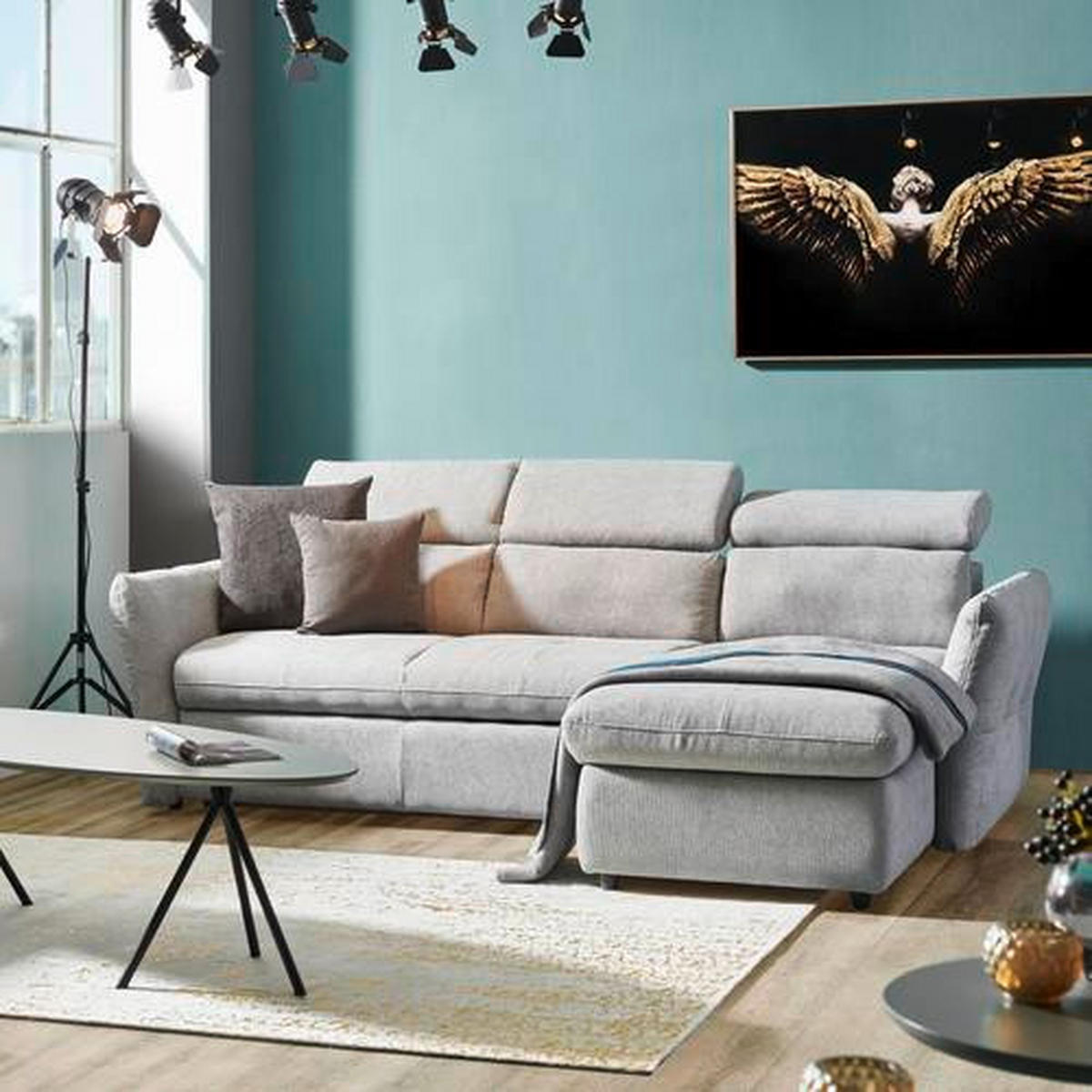 ECKSOFA Hellgrau Mikrofaser  - Hellgrau/Schwarz, Design, Kunststoff/Textil (240/172cm) - Stylife