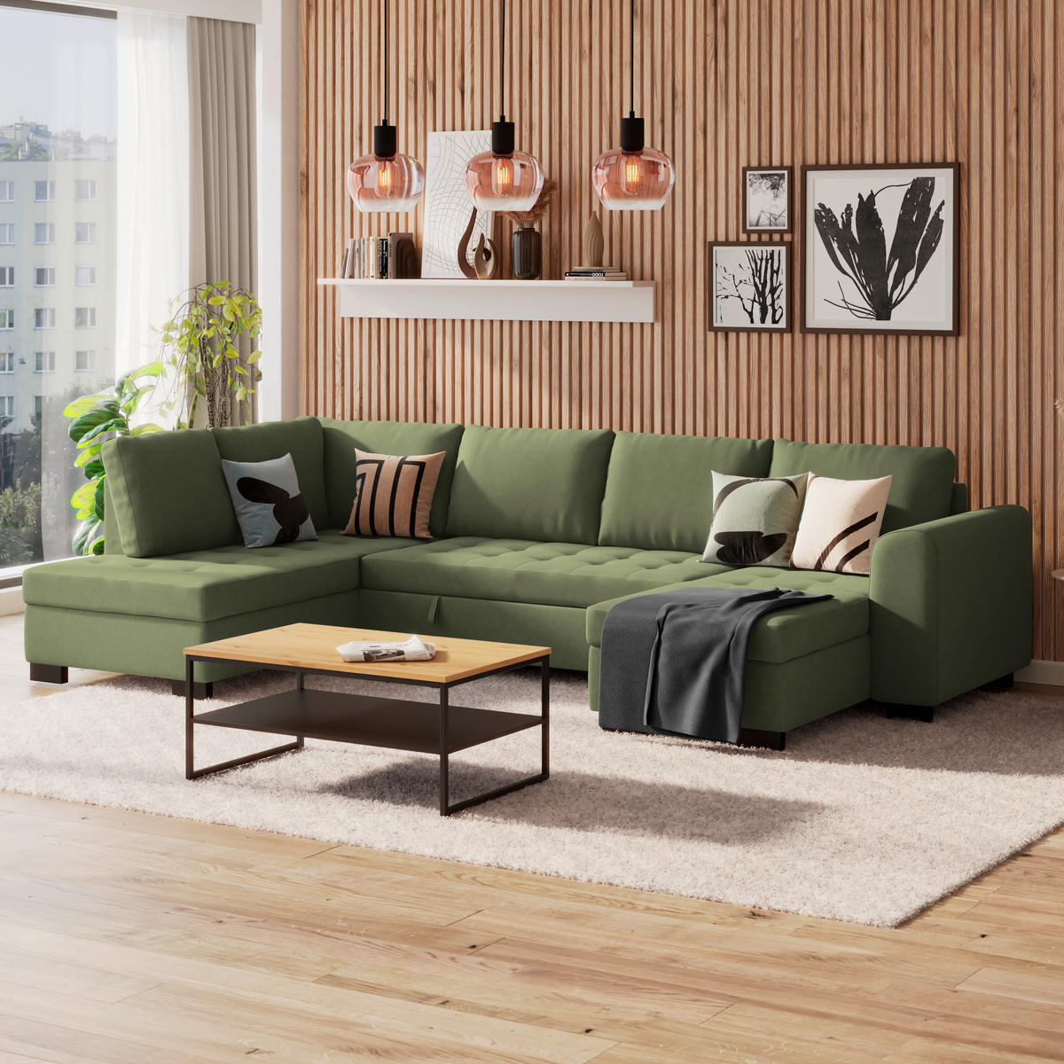 WOHNLANDSCHAFT Grün Mikrofaser  - Schwarz/Grau, MODERN, Kunststoff/Textil (178/305/155cm) - P & B