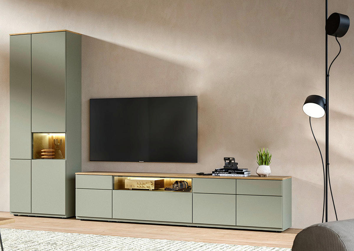 WOHNWAND  in Eichefarben, Schilfgrün  315/215/45 cm  - Schilfgrün/Eichefarben, KONVENTIONELL, Glas/Holzwerkstoff (315/215/45cm) - Venda