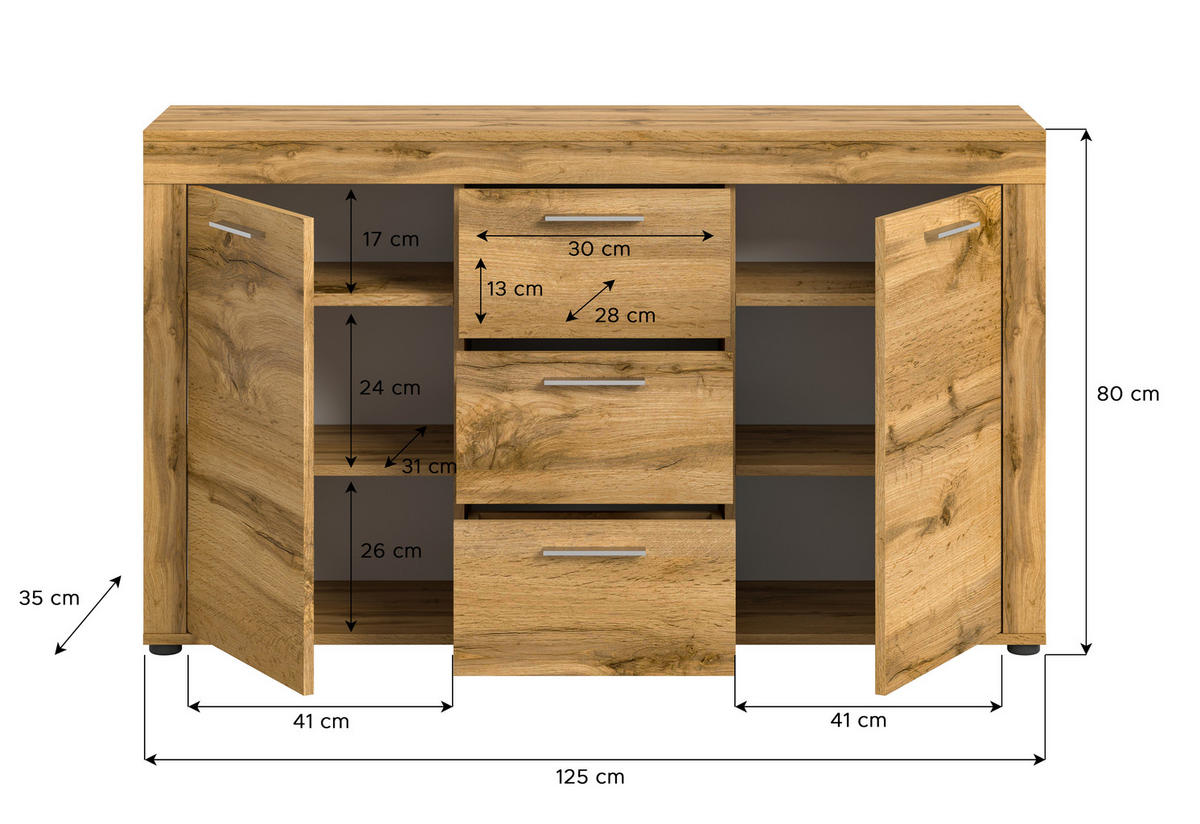 SIDEBOARD Jam  in 125/80/35 cm  - Eiche Wotan/Silberfarben, Design, Holzwerkstoff/Kunststoff (125/80/35cm) - MID.YOU