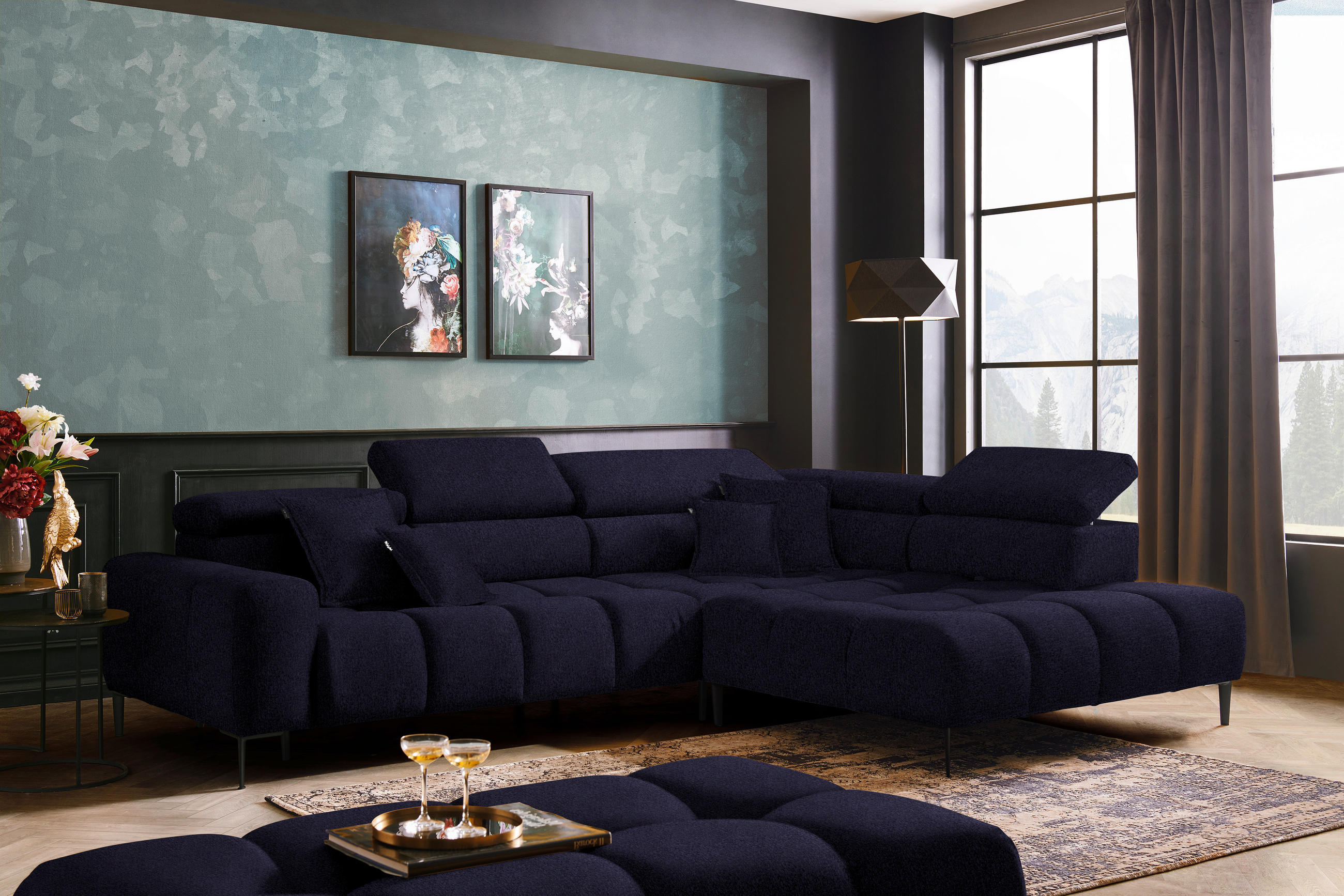 ECKSOFA in Samt, Webstoff Schwarz  - Schwarz, Design, Textil/Metall (300/216cm) - Welnova
