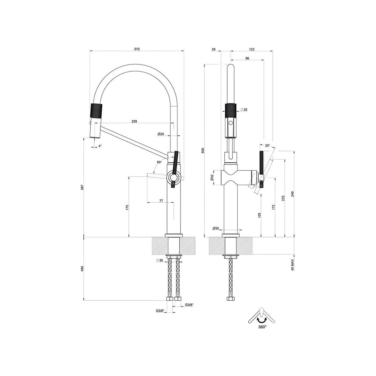 KÜCHENARMATUR - Edelstahlfarben, Basics, Keramik/Metall (96-12,2/50/27,3cm) - HKT