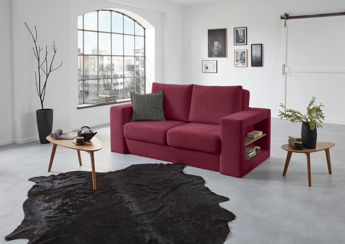 VIERSITZER-SOFA inkl. Hocker LOOKS V-2 Webstoff Rot, Beere  - Eichefarben/Beere, Design, Holz/Textil (252/96/107cm) - LOOKS by W.Joop