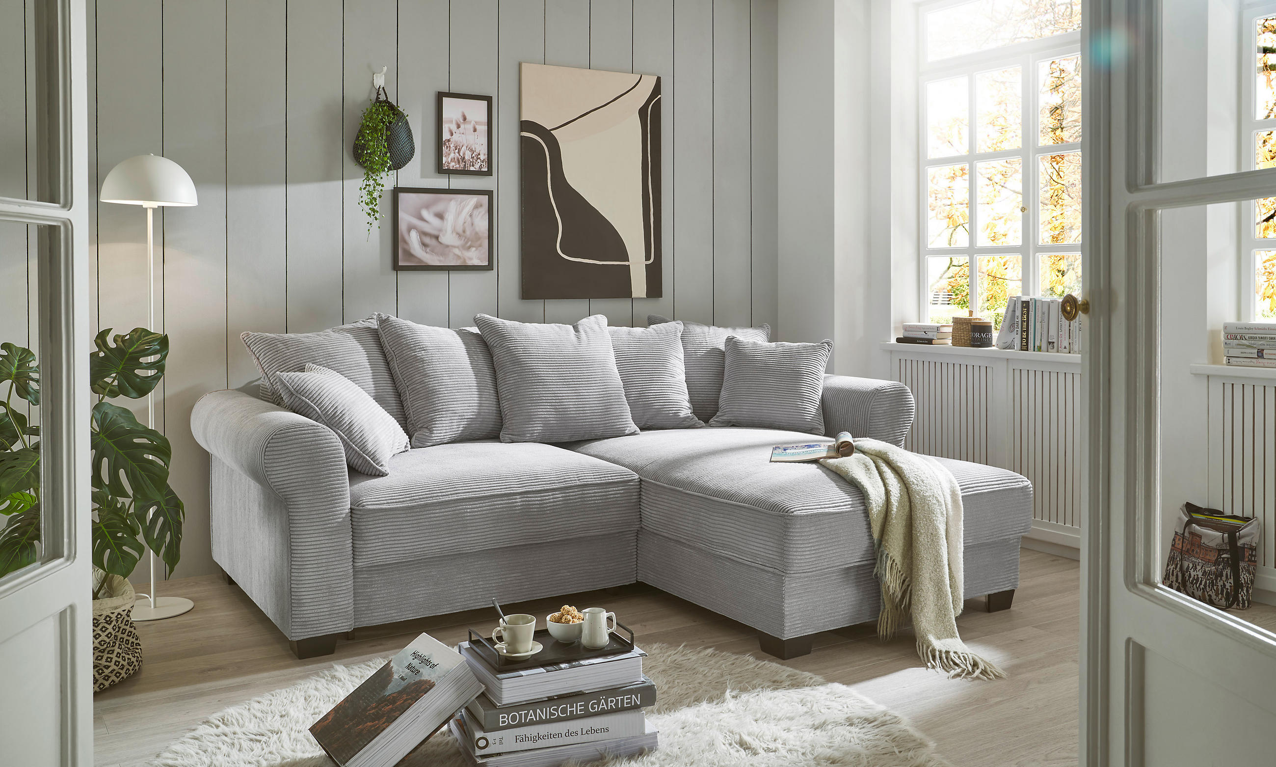 ECKSOFA Hellgrau Cord  - Hellgrau/Schwarz, KONVENTIONELL, Kunststoff/Textil (255/185cm) - Hom`in