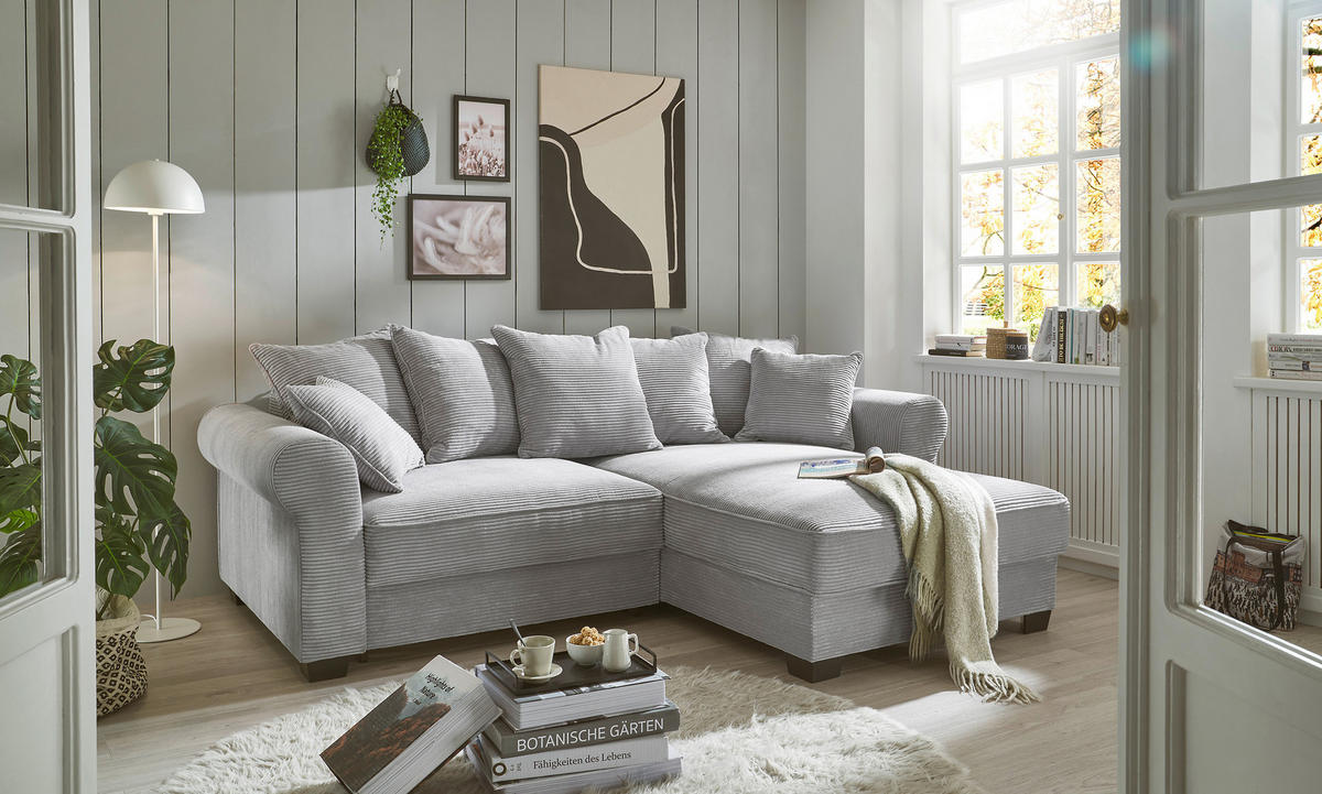 ECKSOFA in Cord Hellgrau  - Hellgrau/Schwarz, Konventionell, Kunststoff/Textil (255/185cm) - MID.YOU