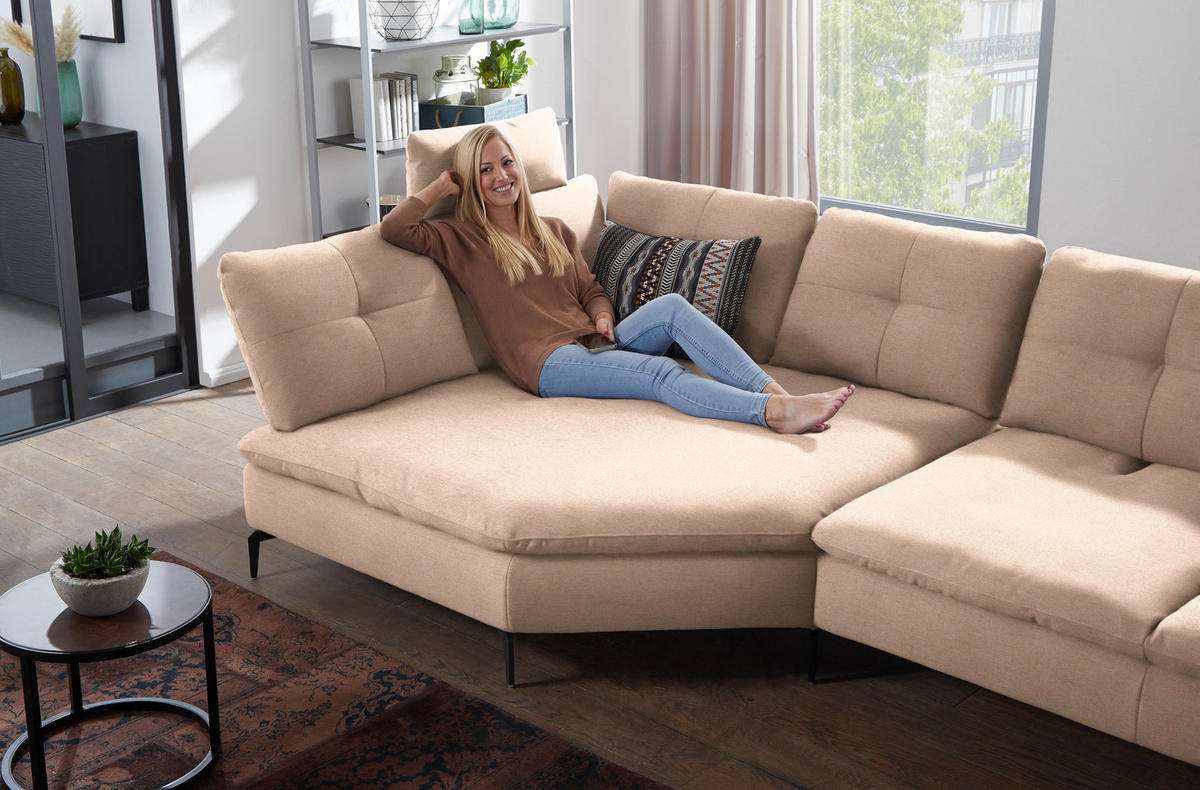 ECKSOFA in Flachgewebe Hellbraun  - Hellbraun/Schwarz, Design, Textil/Metall (157/344cm) - Chilliano
