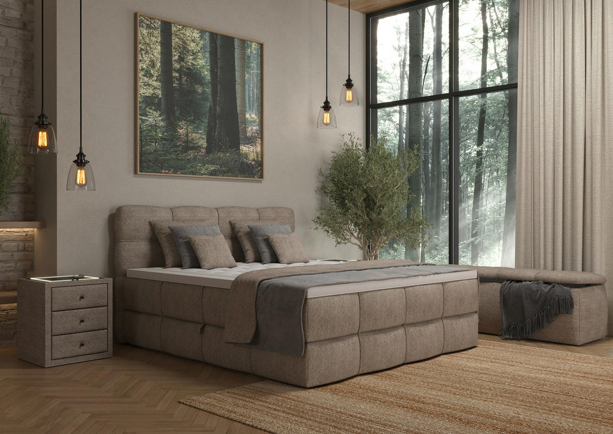 BOXSPRINGBETT 160/200 cm,  in Sandfarben, gepolstertes Kopfteil, Bettkasten, Topper, Matratzen, H3 + H3 = fest  - Sandfarben/Schwarz, Design, Kunststoff/Textil (160/200cm) - Chameo