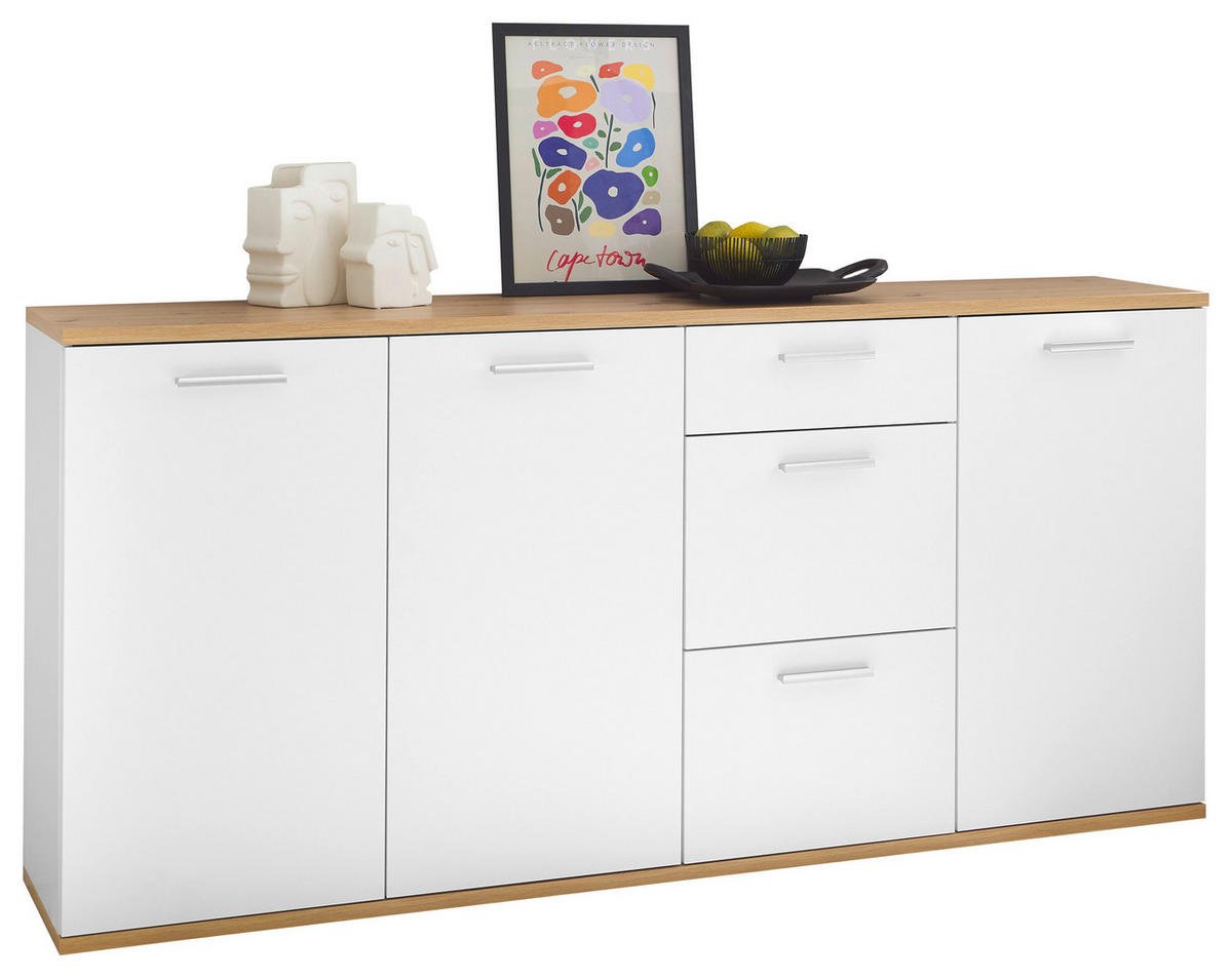 ŠIROKÁ KOMODA, biela, dub artisan, 180/86/38 cm - biela/strieborná, Design, kompozitné drevo/plast (180/86/38cm) - MID.YOU