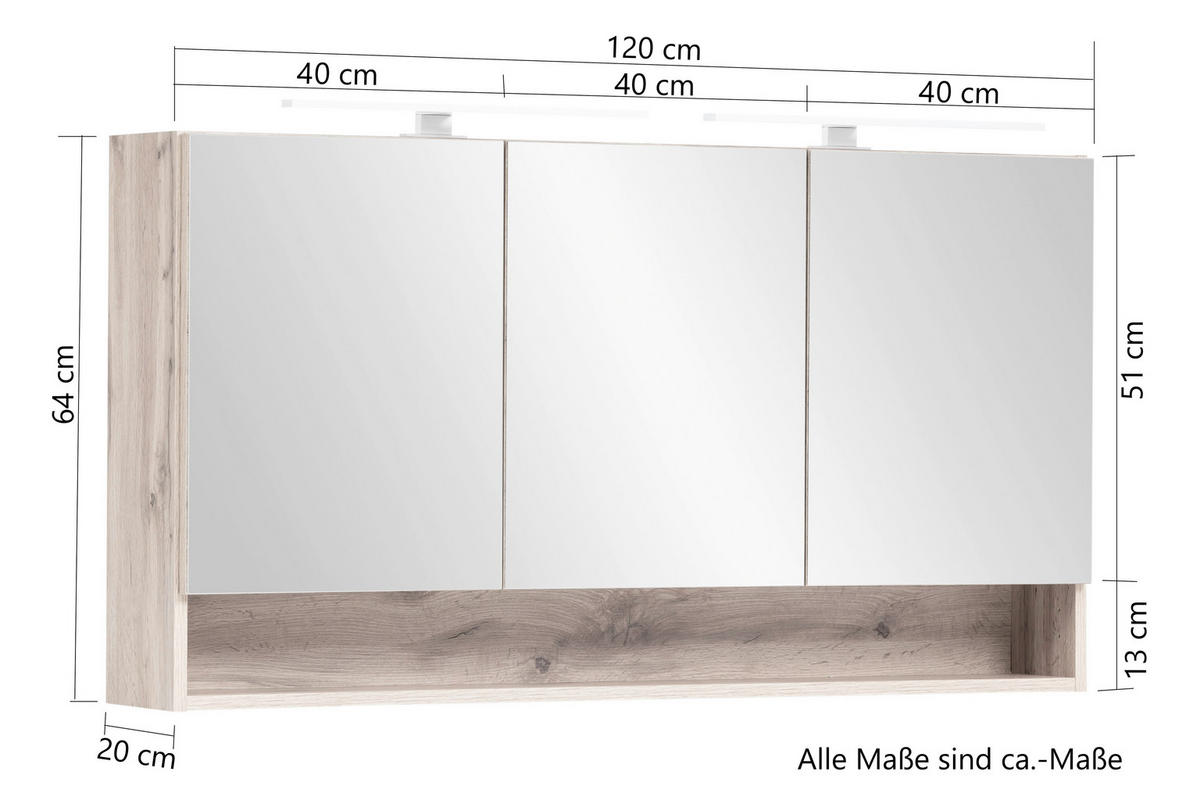 SPIEGELSCHRANK 120/64/20 cm  - Chromfarben/Eiche Wotan, Natur, Glas/Holzwerkstoff (120/64/20cm) - Xora