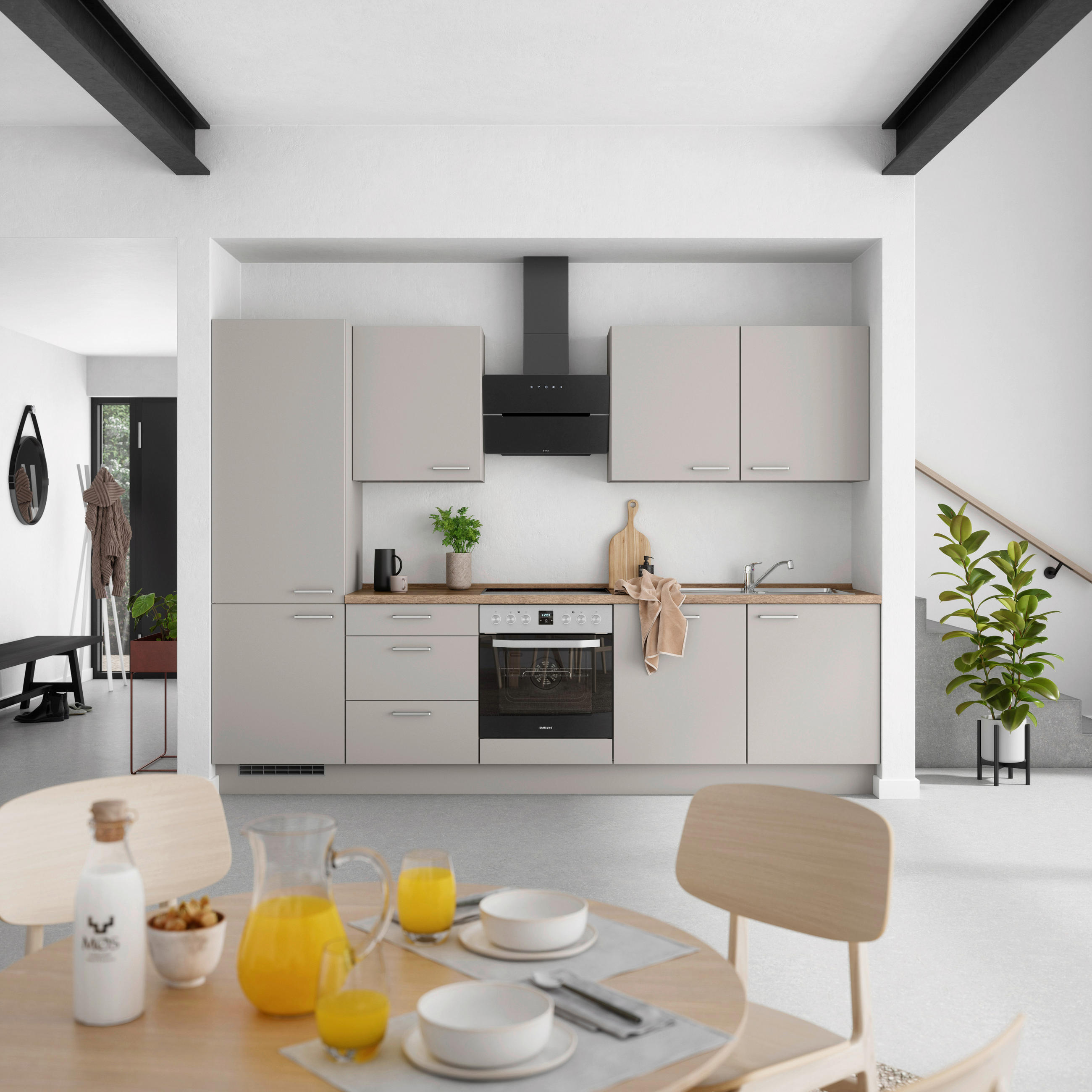 KÜCHENBLOCK 300 cm   in Grau, Eiche dunkel  - Eiche dunkel/Edelstahlfarben, MODERN, Holzwerkstoff/Metall (300cm) - Nobilia