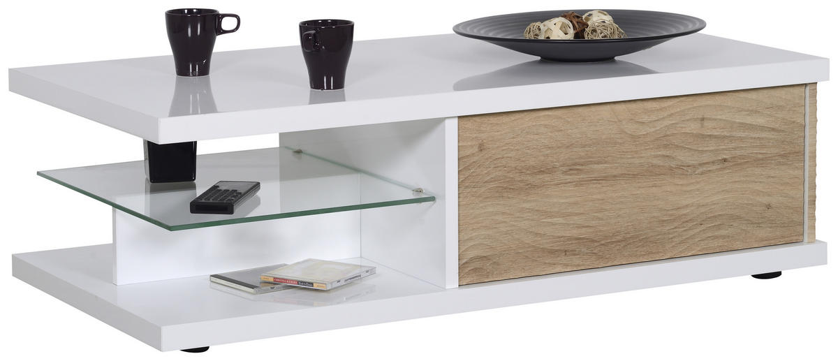 COUCHTISCH in Glas, Holzwerkstoff 120/60/37 cm  - Eichefarben/Weiß, Design, Glas/Holzwerkstoff (120/60/37cm) - Carryhome