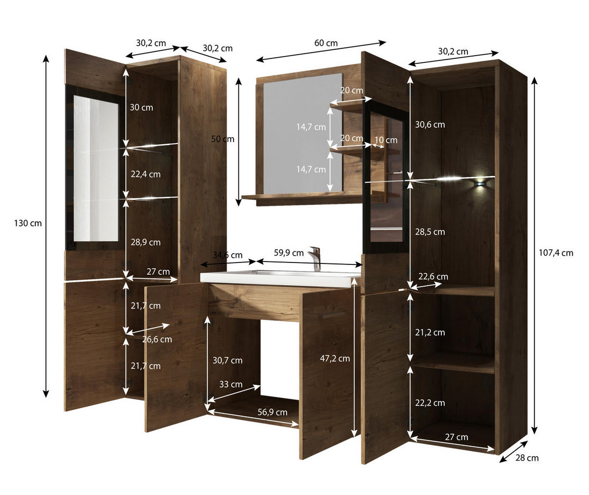 BADEZIMMER 5-teilig  in 120 cm  - Eiche San Remo/Weiß, LIFESTYLE, Glas/Holzwerkstoff (120cm) - P & B