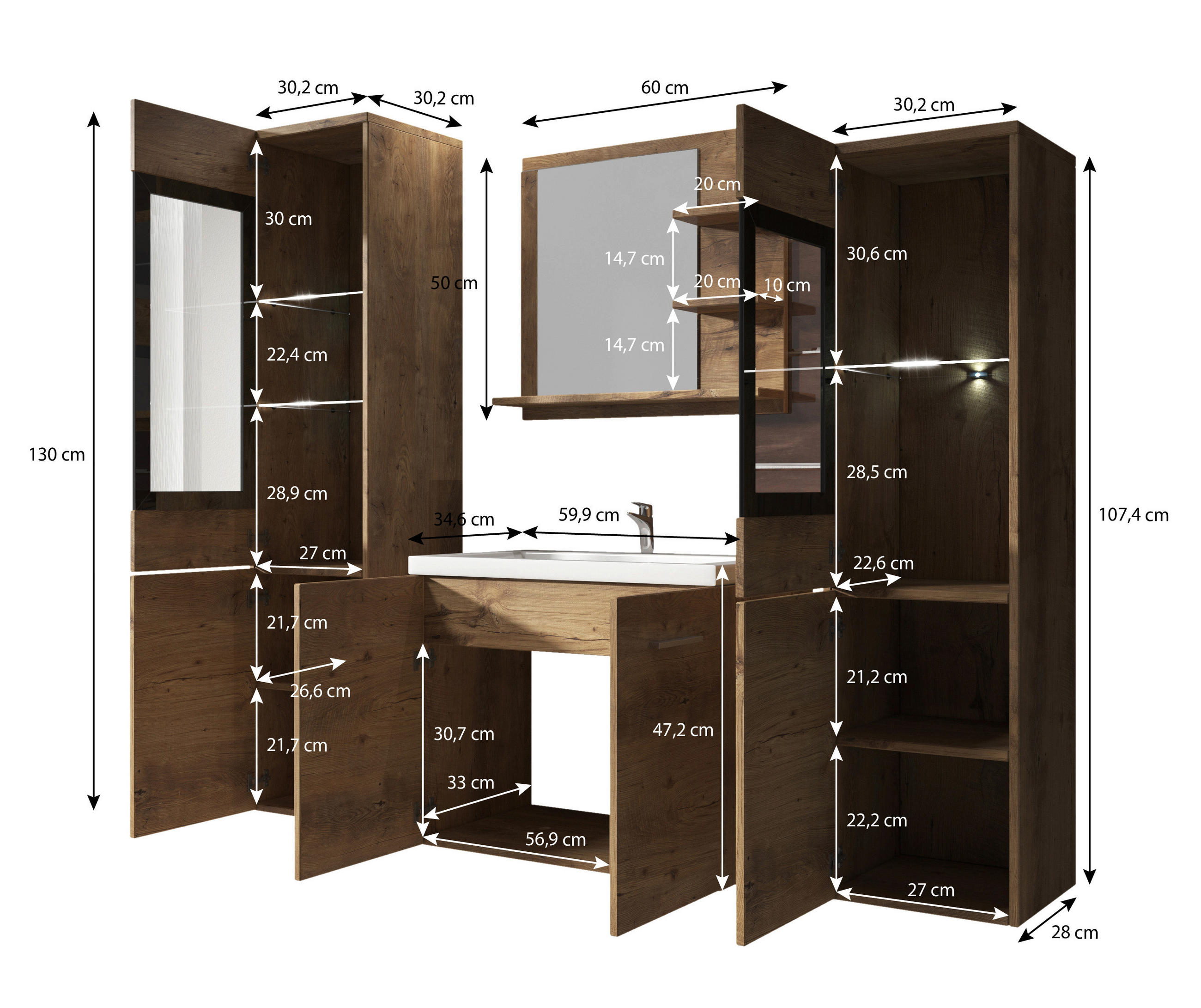 Thumbnail - P & B Badezimmer, Eiche San Remo, Kunststoff, 5-teilig, 7 Fächer, 120 cm, Fsc, Spiegel mit Ablage, Badezimmer, Badmöbels...