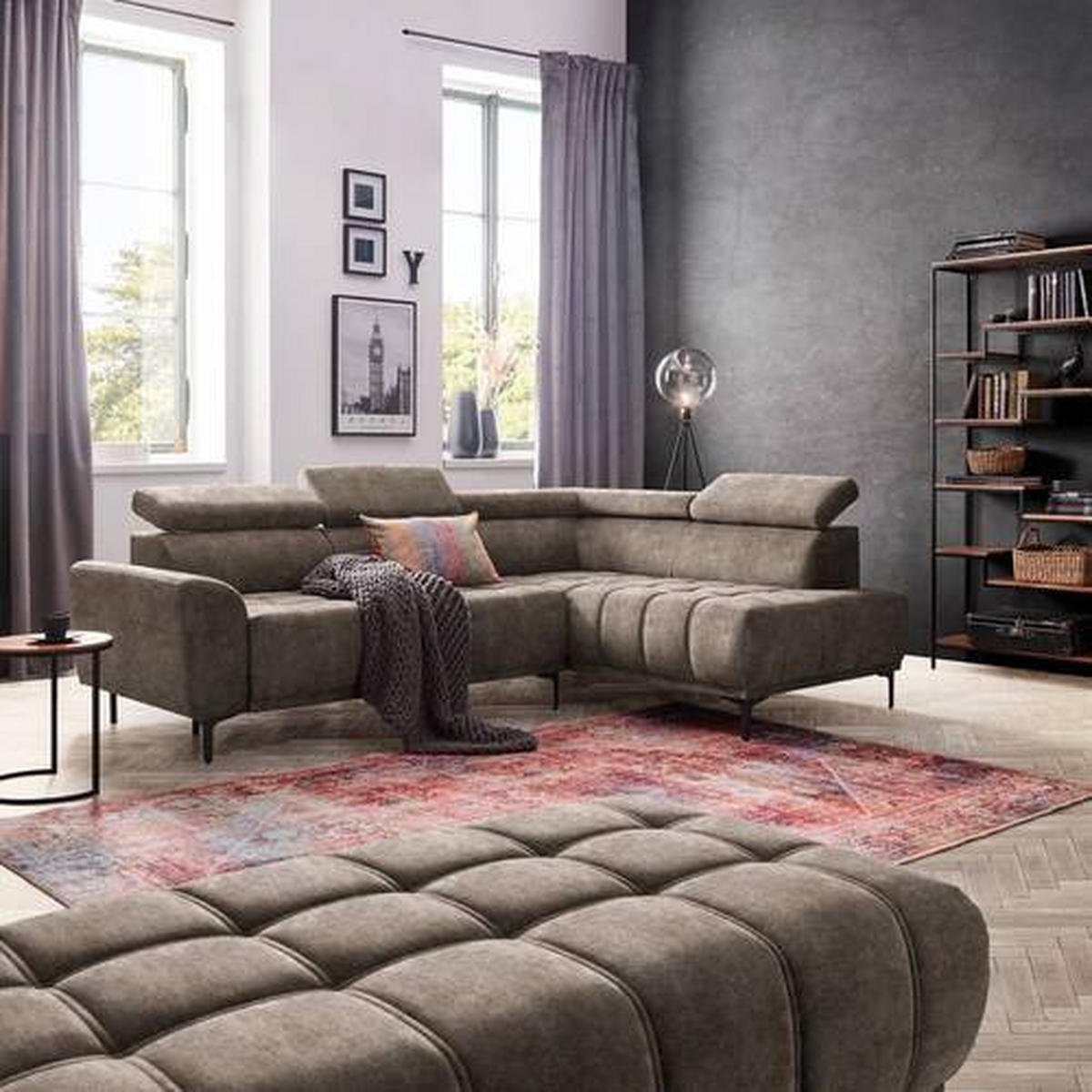 ECKSOFA in Velours Braun  - Schwarz/Braun, Design, Textil/Metall (261/191cm) - Stylife