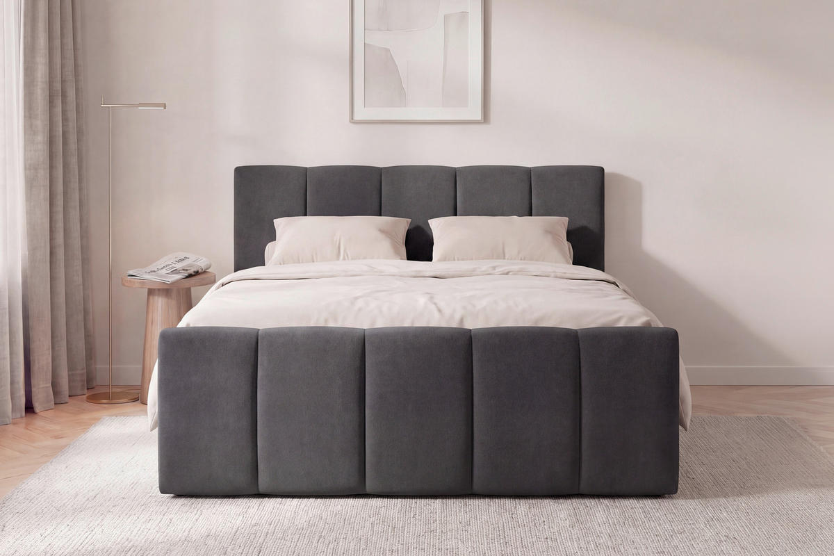 BOXSPRINGBETT 140/200 cm,  in Anthrazit, gepolstertes Kopfteil, Bettkasten, Topper, H2 + H2 = mittel  - Anthrazit/Schwarz, Basics, Kunststoff/Textil (140/200cm) - Boxxx