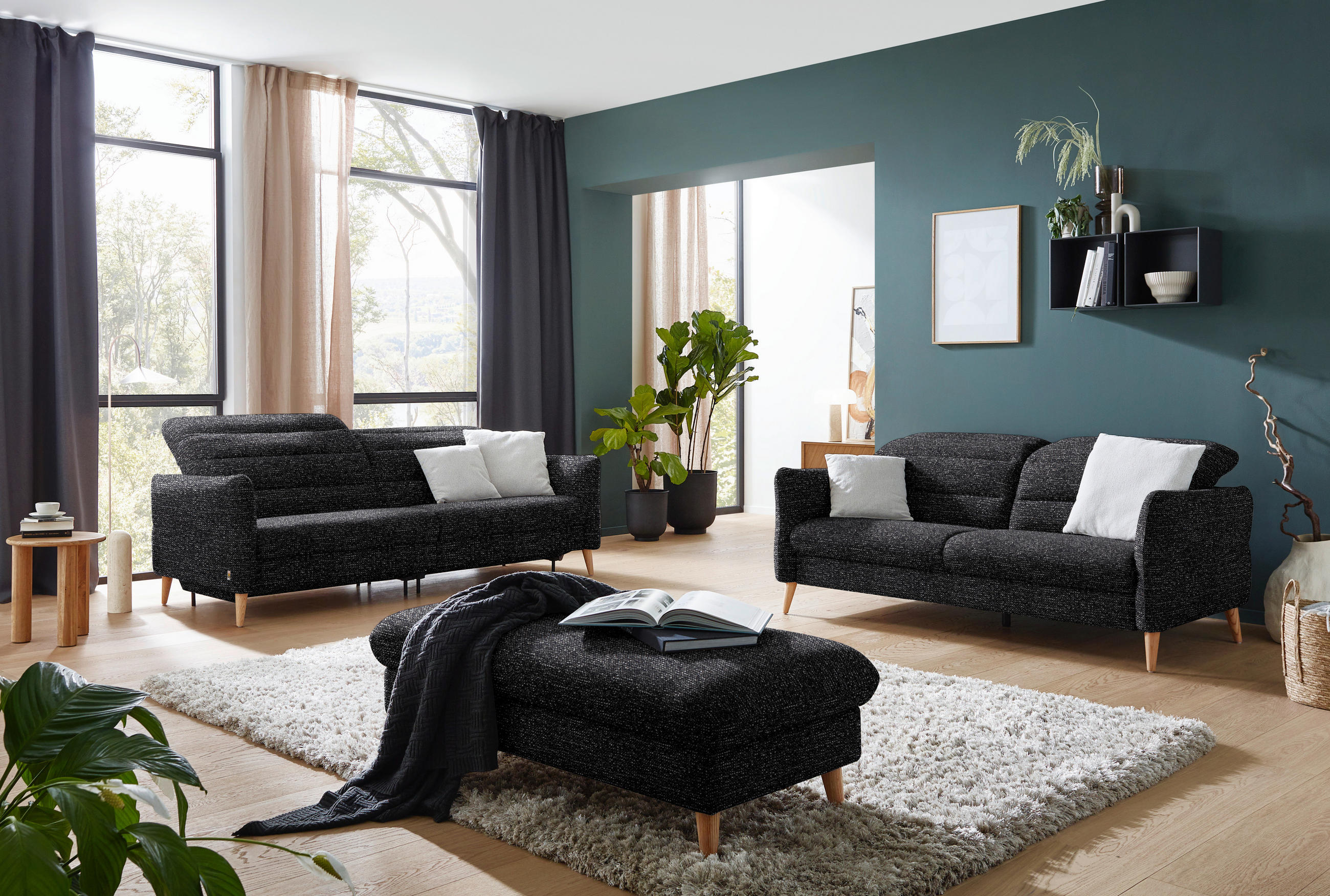 2-SITZER-SOFA in Webstoff Schwarz  - Eiche Bianco/Schwarz, Design, Holz/Textil (192-220/85-106/98-112cm) - Dieter Knoll