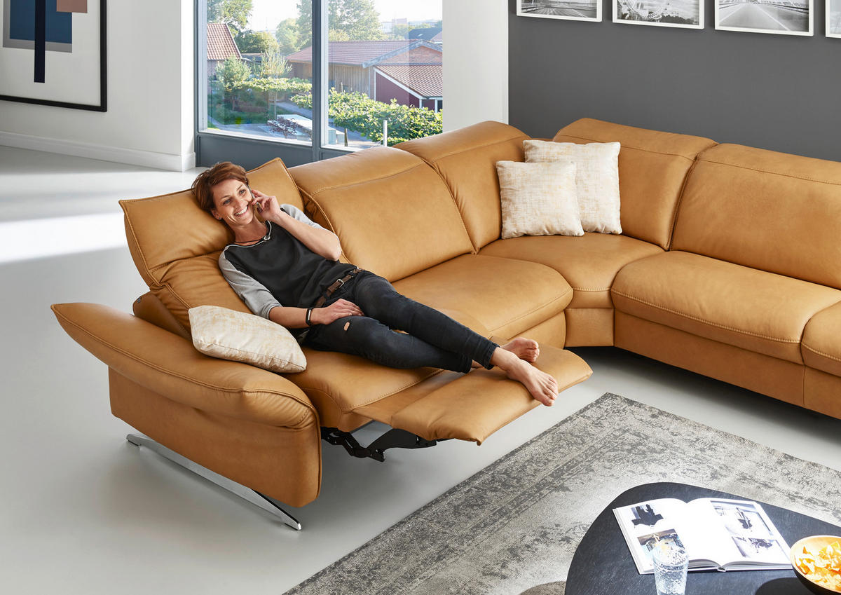 ECKSOFA in Echtleder Orange  - Edelstahlfarben/Orange, Design, Leder/Metall (292/258cm) - Hukla
