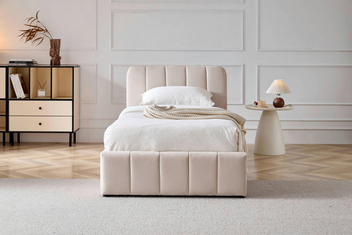 POLSTERBETT 90/200 cm, inkl. gepolstertes Kopfteil, Lattenrost, Bettkasten,  in Beige  - Beige/Schwarz, Design, Holz/Kunststoff (90/200cm) - Boxxx