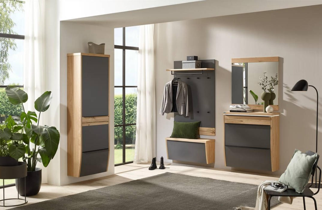 Thumbnail - Dieter Knoll Garderobe, Grau, Eiche, Holz, Holzwerkstoff, 5-teilig, Eiche, furniert, massiv, 290x200x32 cm, Made in Germ...